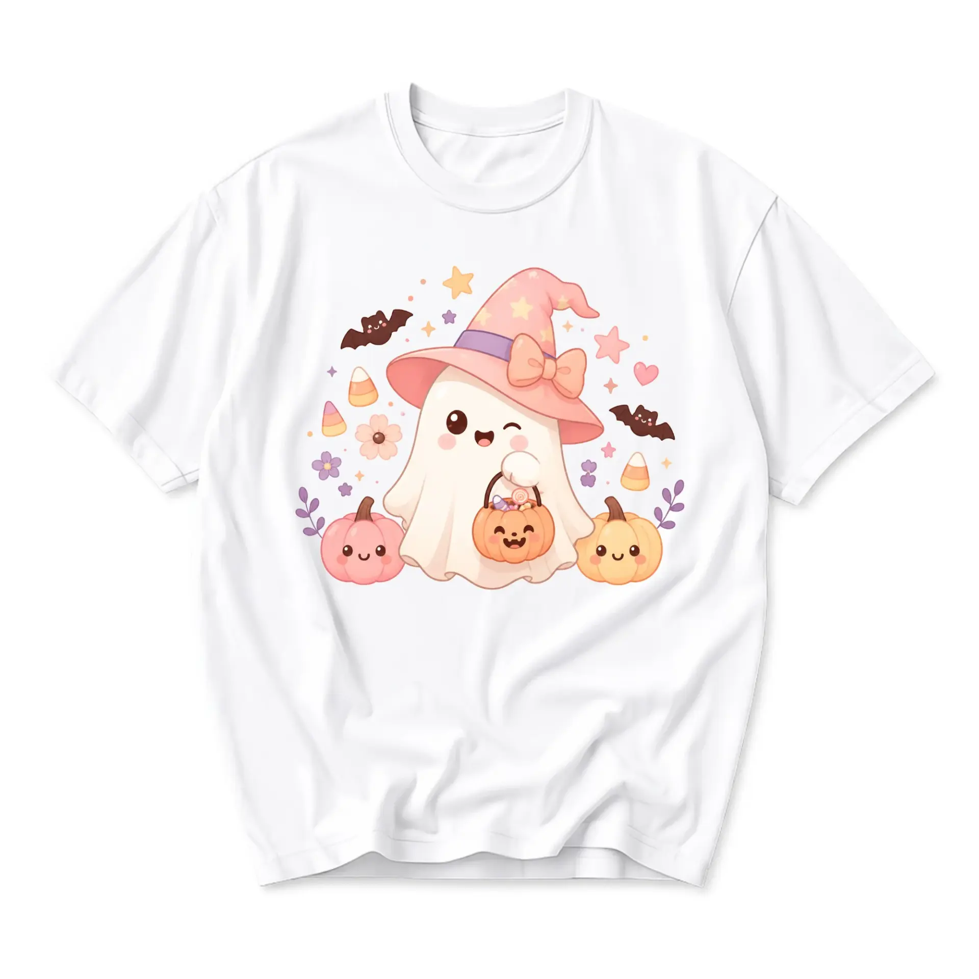 T-shirt Cute Ghost Wearing Witch Hat Graphic Tee Fall Season Unisex Cotton Casual Everyday Top Apparel for All Occasions