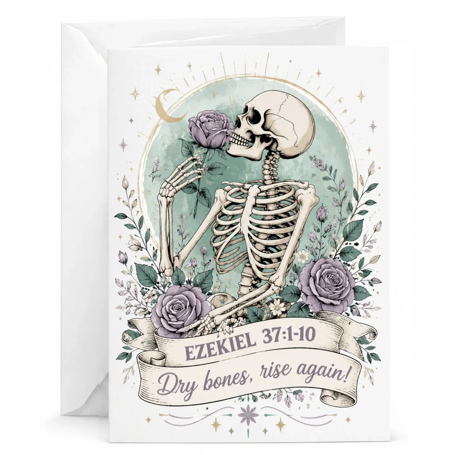 Greeting Card Dry Bones Again Floral Skeleton Art Inspirational Spiritual Encouragement Stationery 5x7 Folded