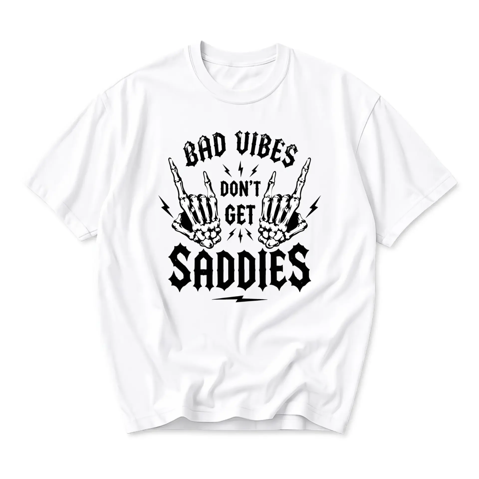 Graphic Tee Unisex Crew Neck Short Sleeve Shirt with Bad Vibes Dont Get Saddies Skeleton Hand Illustration Print