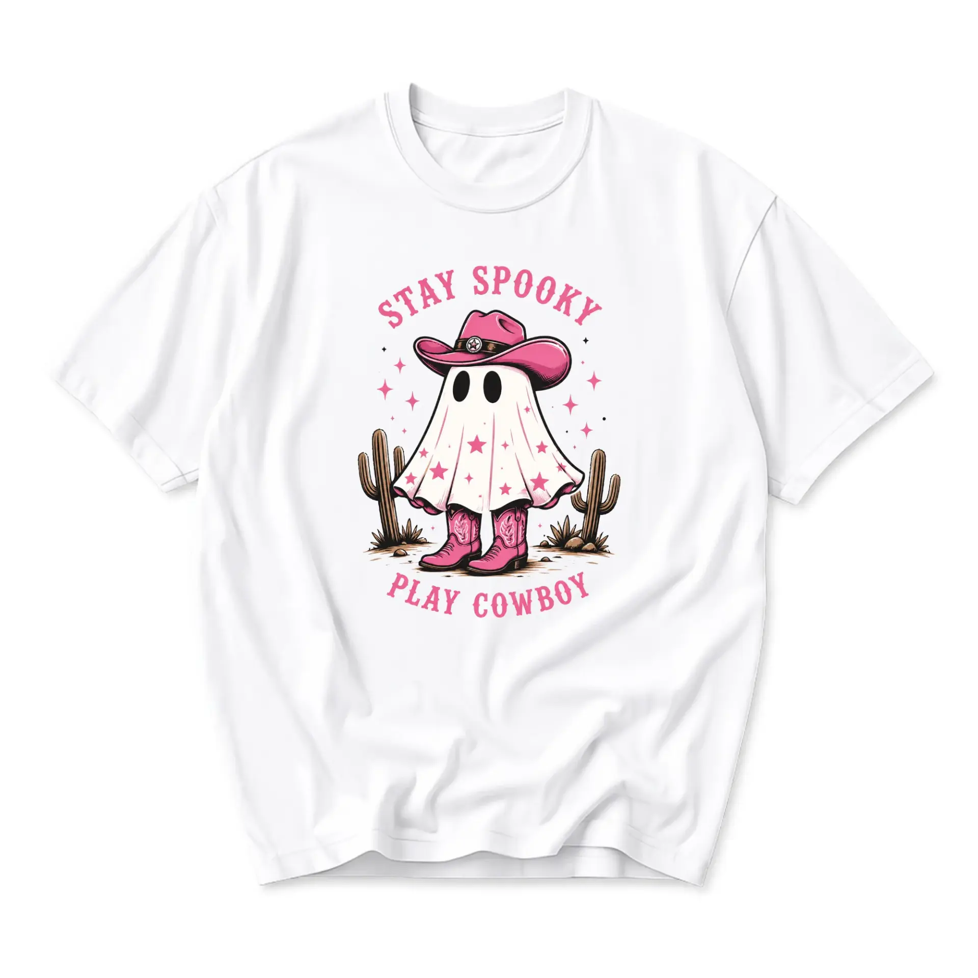 Graphic Tee Stay Spooky Play Cowboy Ghost Western Style Unisex Crew Neck Short Sleeve Cotton Blend Casual Shirt