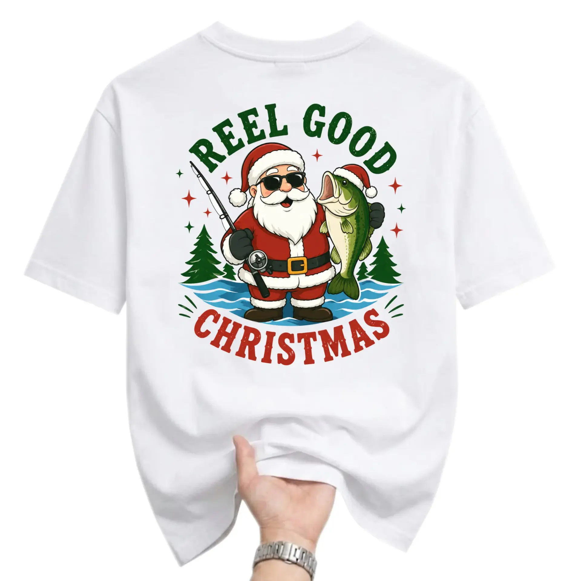 Funny Shirt Reel Good Christmas Santa Fishing Graphic Tee Unisex Casual Apparel for Holiday Seasons and Outdoor Enthusiasts