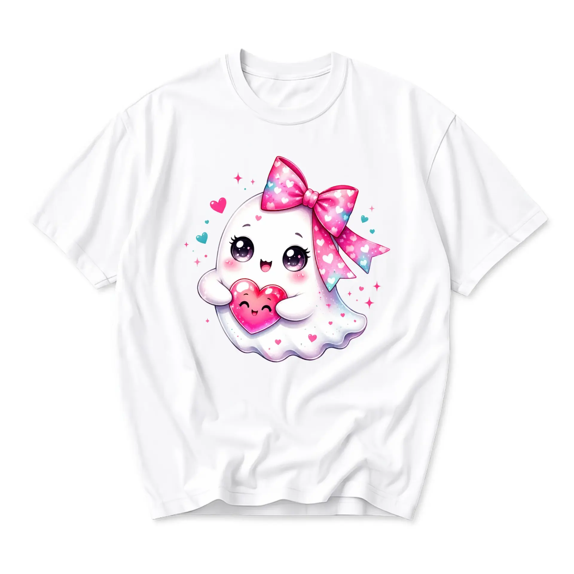 Graphic Tee Cute Ghost Holding Heart Print Unisex Crew Neck Casual Everyday Short Sleeve Cotton Blend Shirt Apparel
