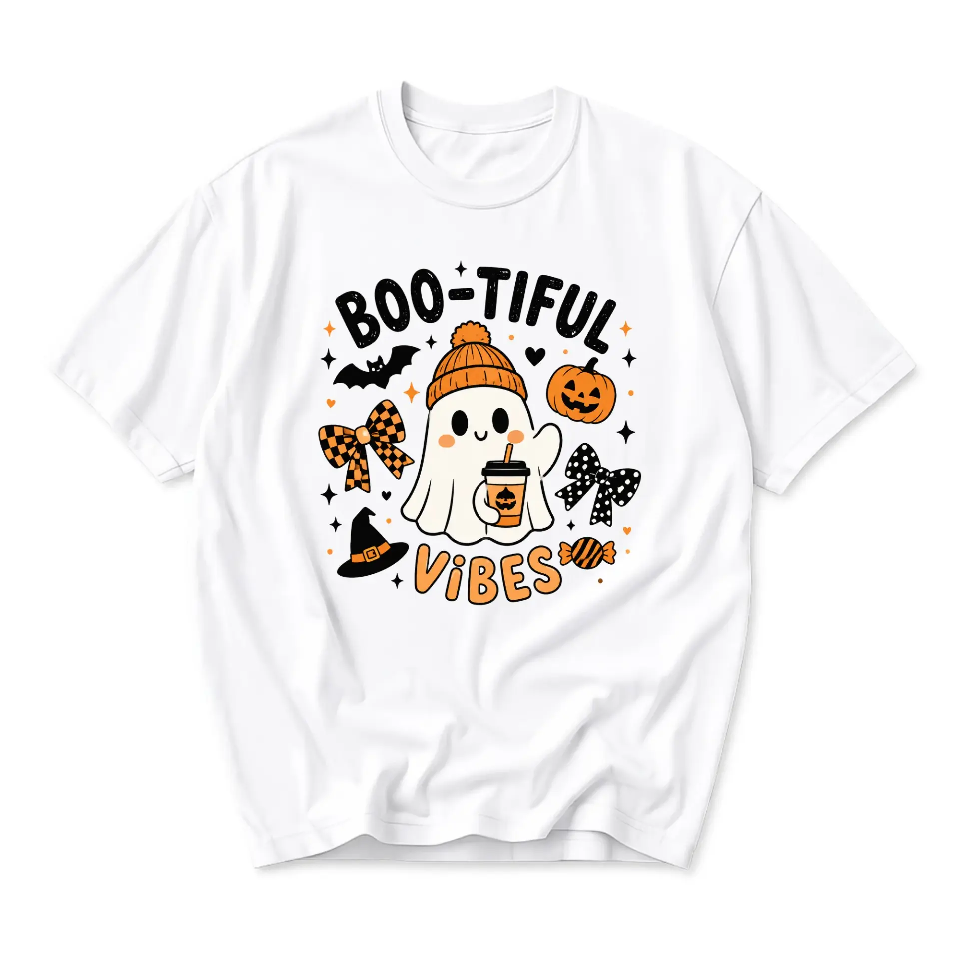 Funny Shirt Boo-Tiful Vibes Graphic Tee Cute Ghost Pumpkin Coffee Design Unisex Casual Fall Seasonal Halloween T-Shirt