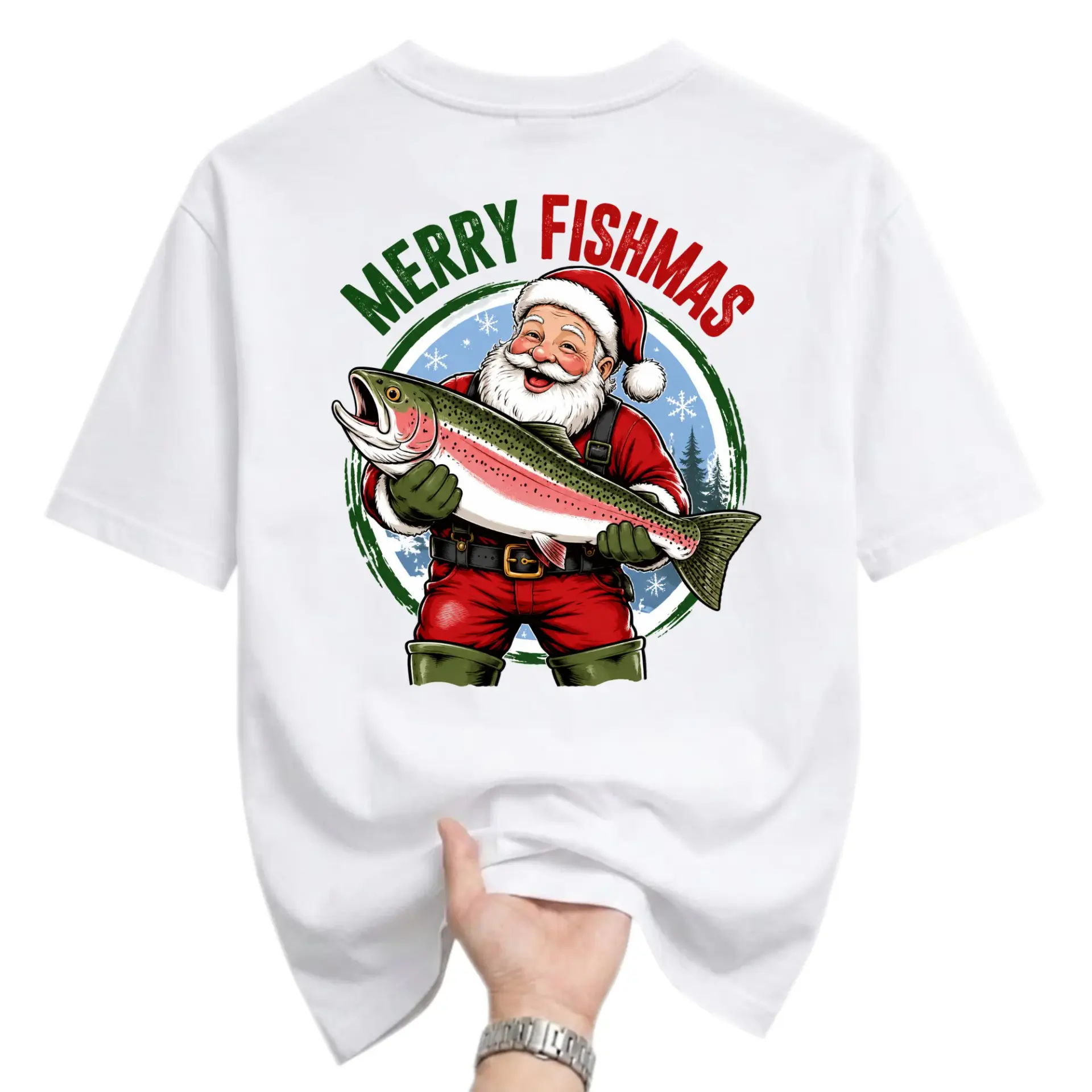 Funny Shirt Merry Fishmas Santa Claus Graphic Tee Unisex Holiday Fishing Themed Casual Short Sleeve Crew Neck Top