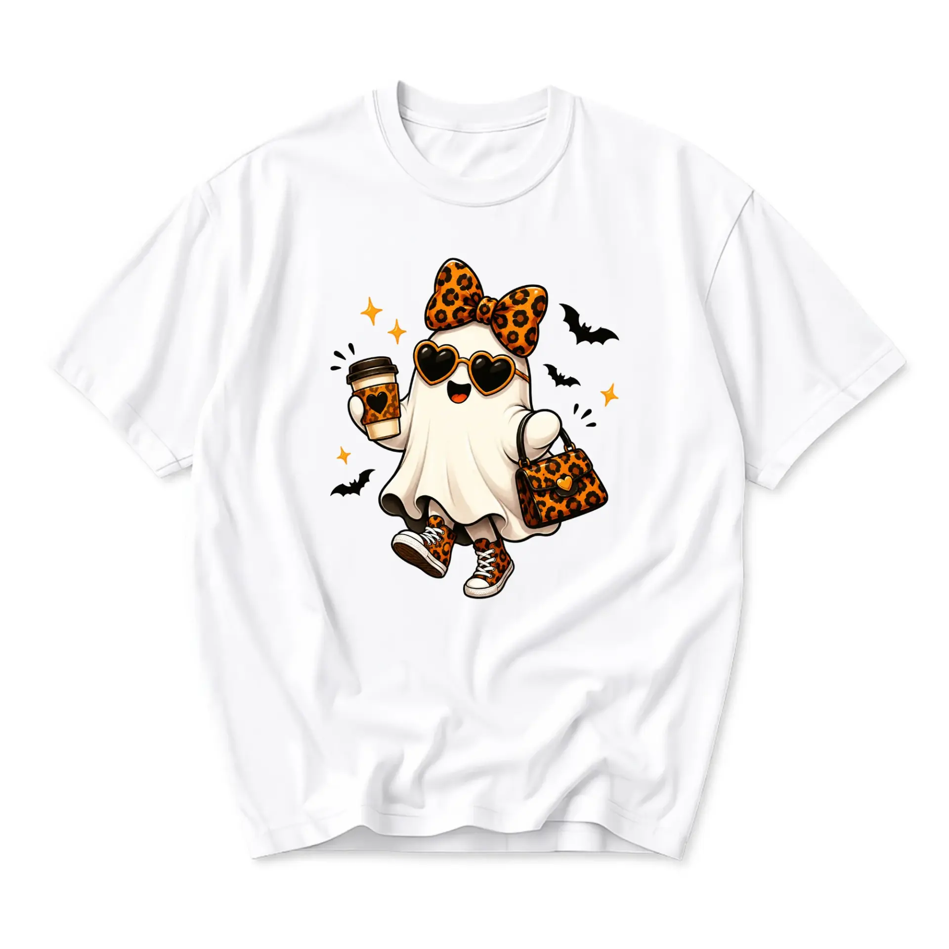 Graphic Tee Cute Spooky Ghost Shirt with Leopard Print Accessories Aesthetic Halloween Top for Casual Everyday Wear