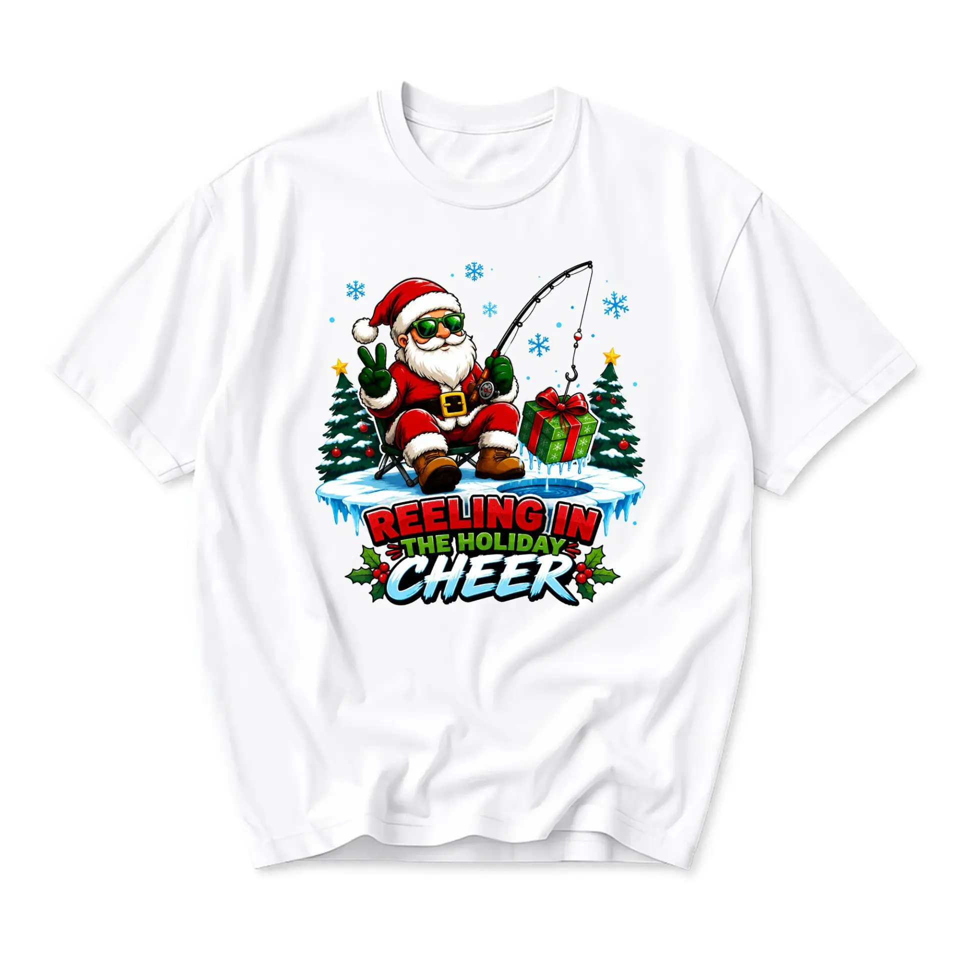 Funny Shirt Reeling in the Holiday Cheer Santa Fishing Graphic Tee Unisex