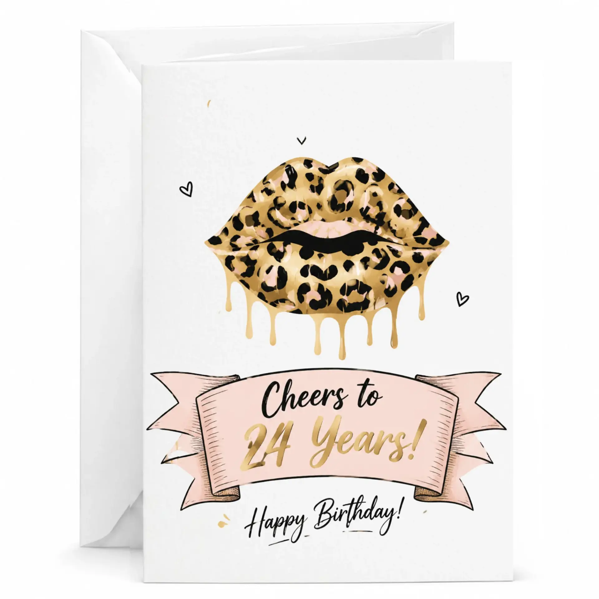 Birthday Card Cheers to 24 Years Leopard Print Lips Design Decorative Greeting Card with Matching White Envelope