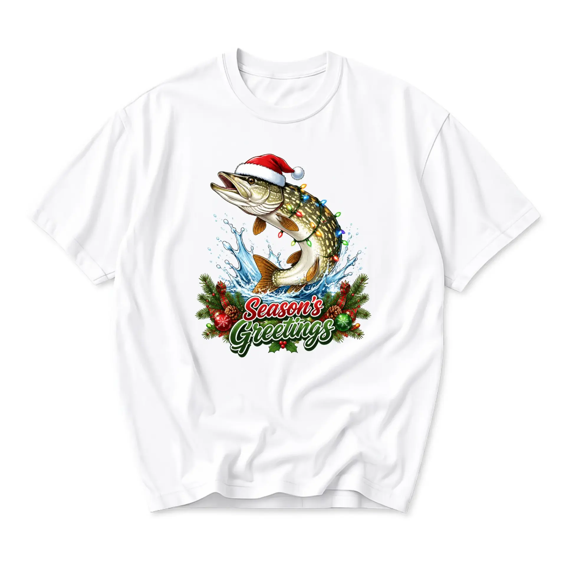 Graphic Tee Season's Greetings Fishing Christmas T-Shirt Unisex Crew Neck