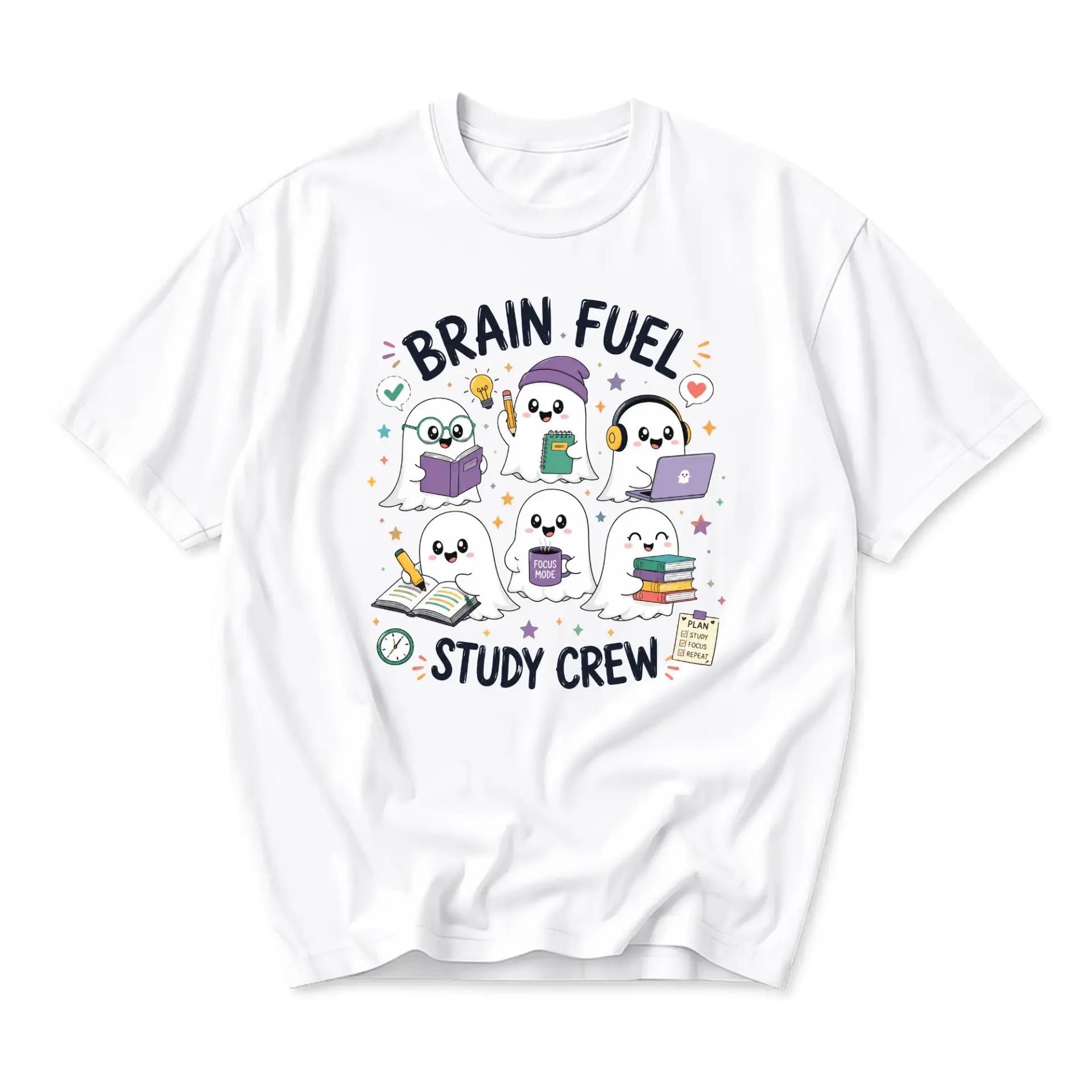 Graphic Tee Brain Fuel Study Crew Cute Ghost Illustration Unisex Casual Cotton Blend Short Sleeve Crew Neck Shirt