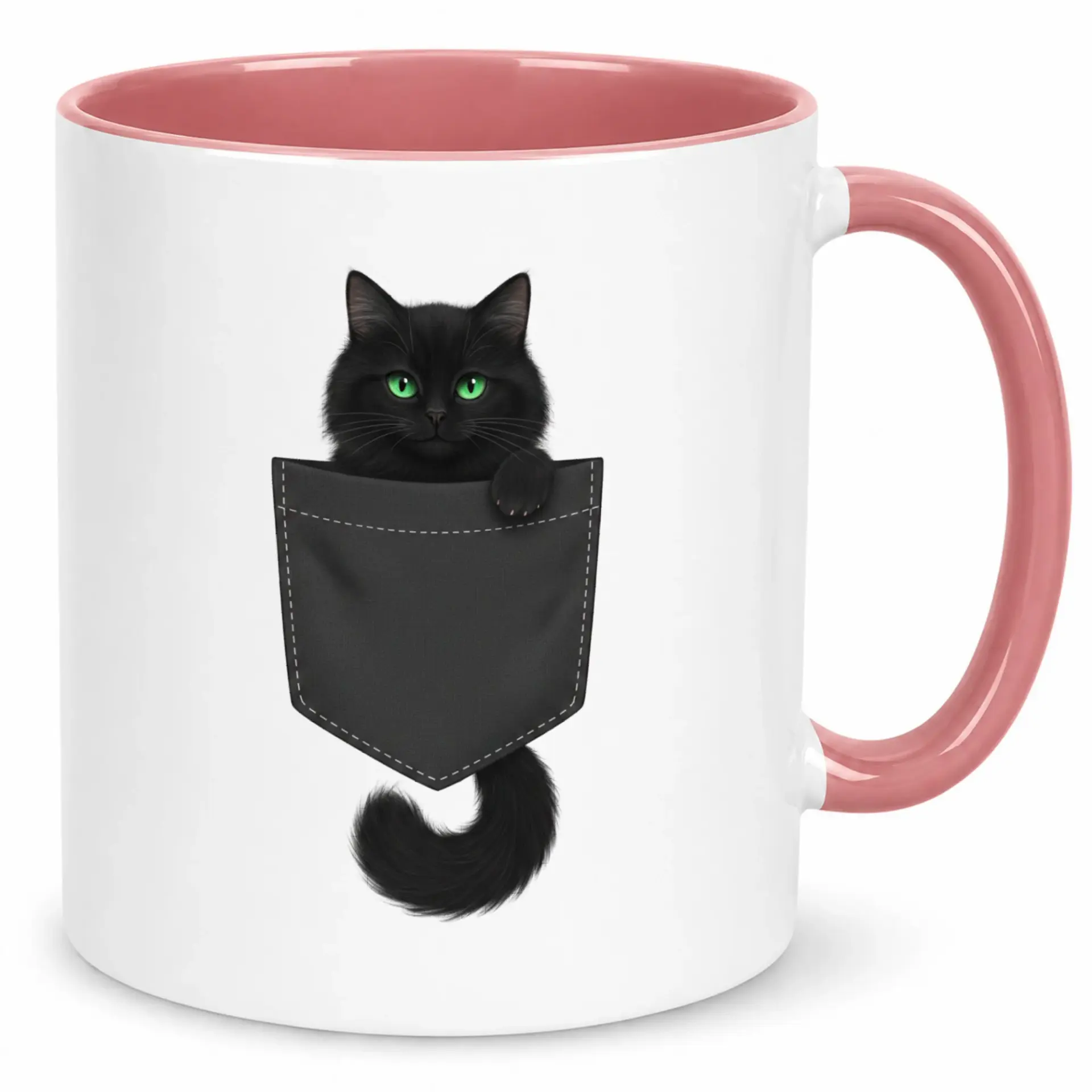Cute Black Cat in Pocket Ceramic Coffee Mug with Green Eyes and Pink Handle Adorable Feline Drinkware for Home or Office 11oz or 15oz Cup