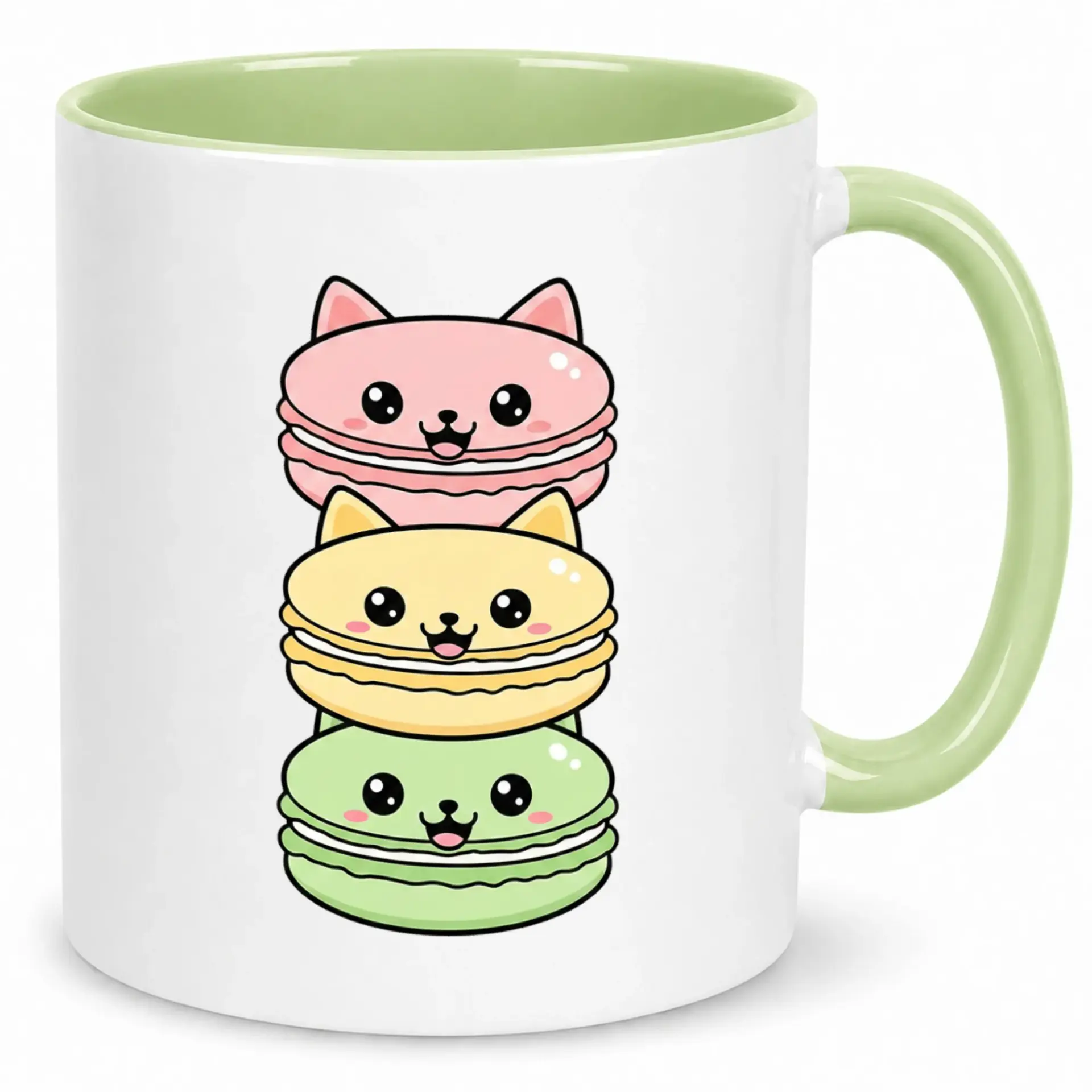 Cute Cat Macarons Ceramic Coffee Mug 11oz or 15oz | Adorable Dessert Stack Drinkware with Green Handle for Home Office Kitchen Gift