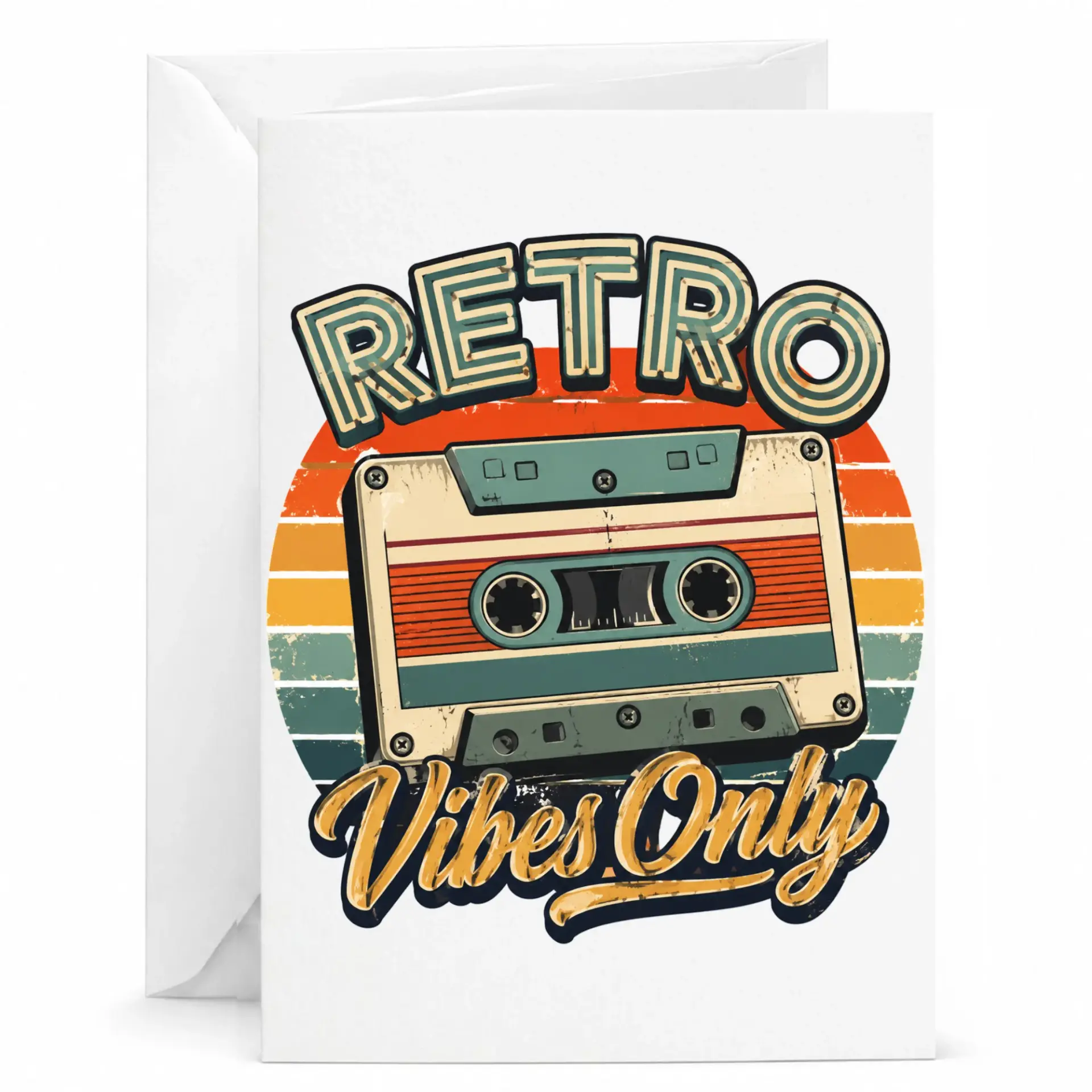 Retro Vibes Only Greeting Card Vintage Cassette Tape Design 5x7 Folded Note Card with Matching White Envelope