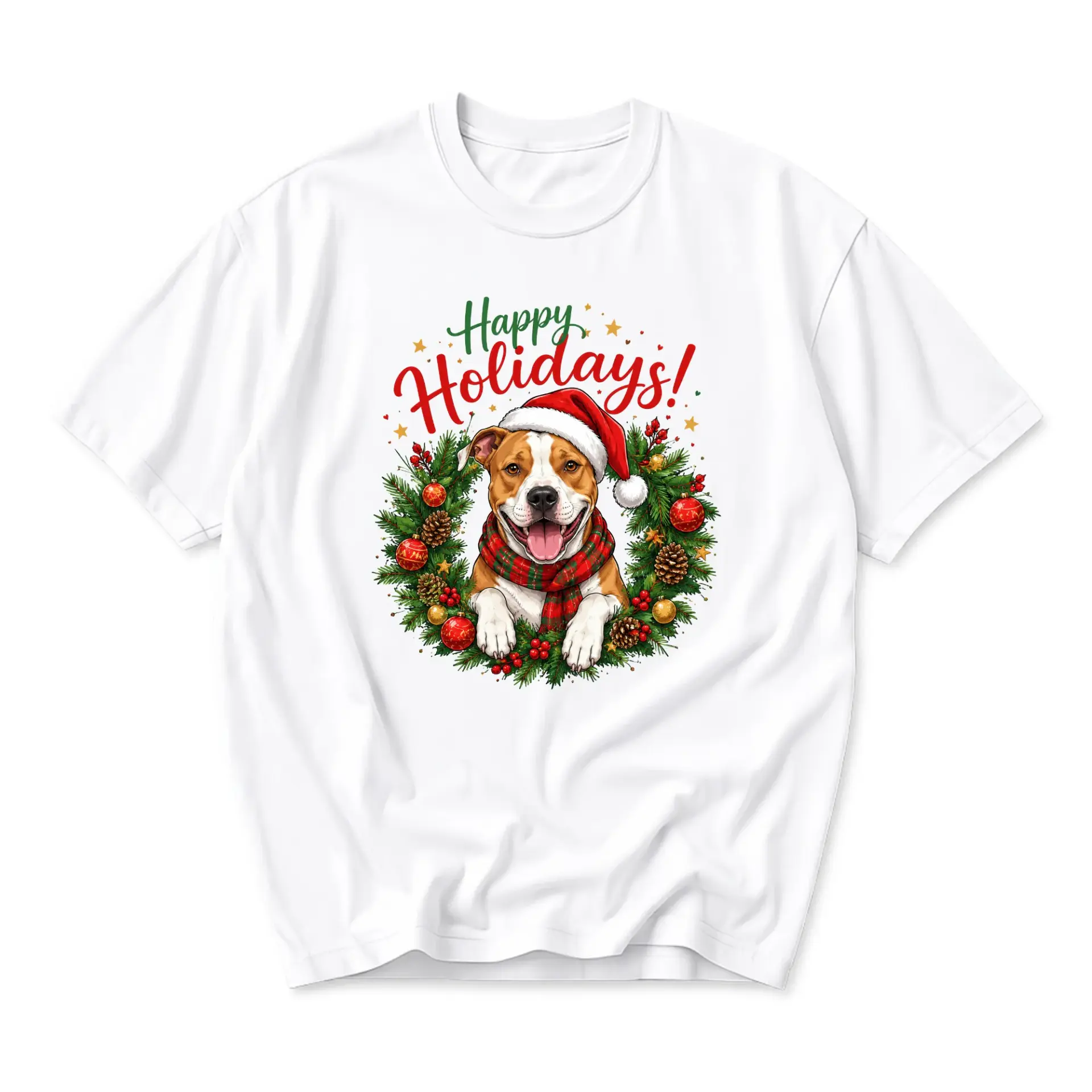 T-shirt Graphic Tee Christmas Pitbull Dog Wearing Santa Hat and Plaid Scarf Holiday Festive Unisex Crew Neck Apparel