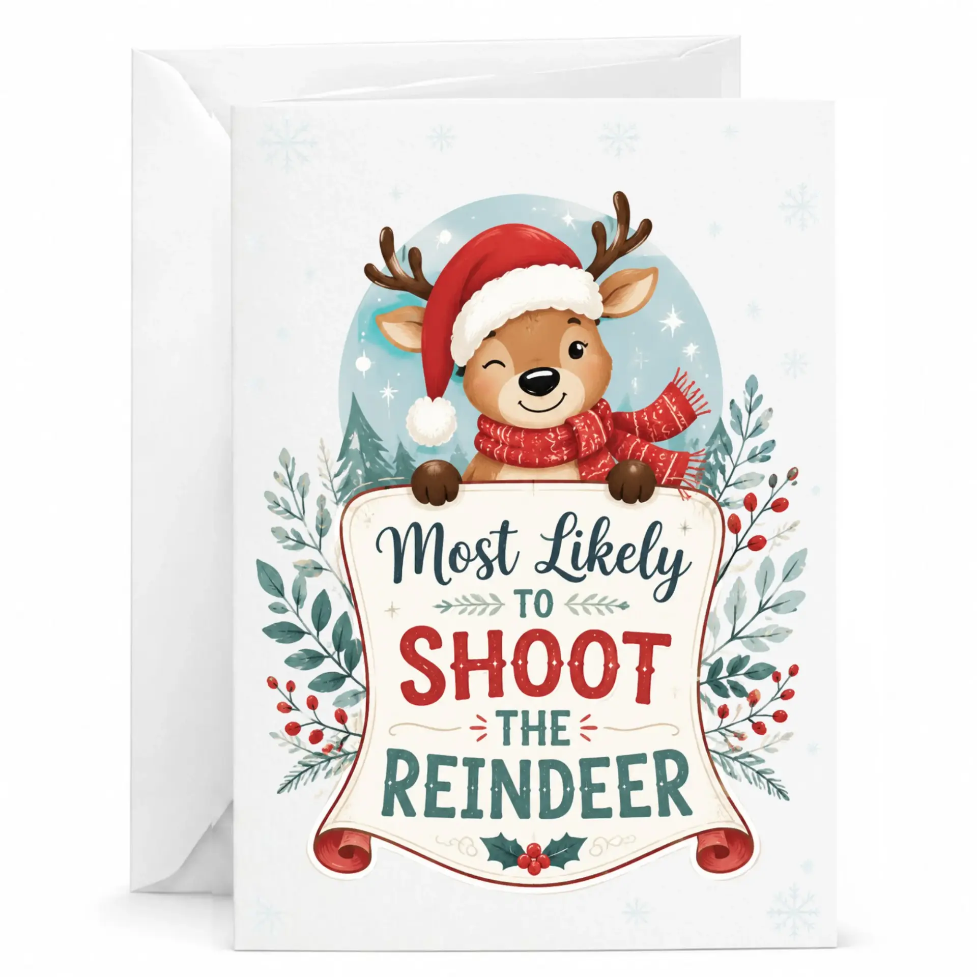 Funny Reindeer Holiday Greeting Card, Humorous Winter Festive Stationery for Seasonal Occasions, 5x7 Inches