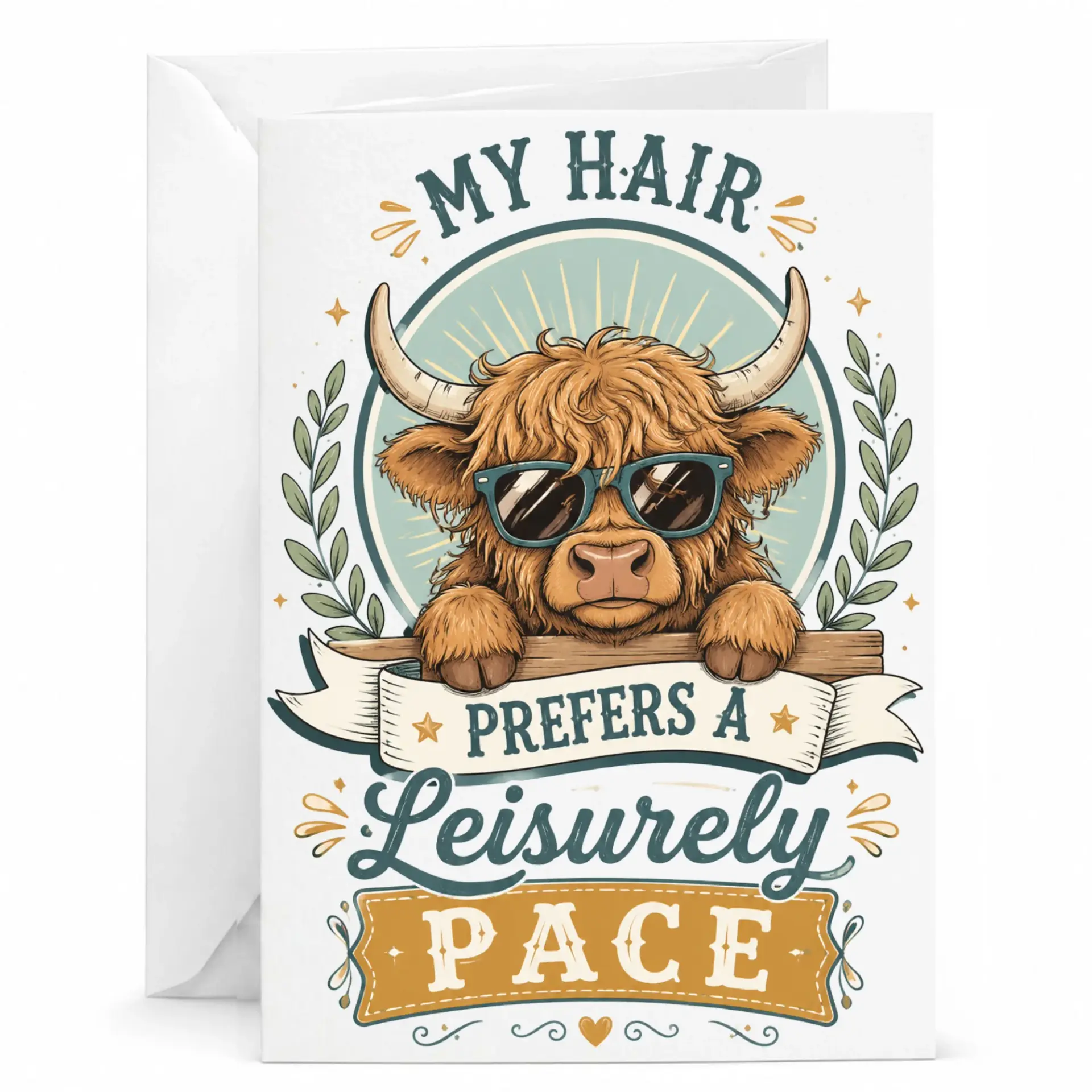 Funny Cow Greeting Card My Hair Prefers a Leisurely Cute Farm Animal Note for Friends and Family
