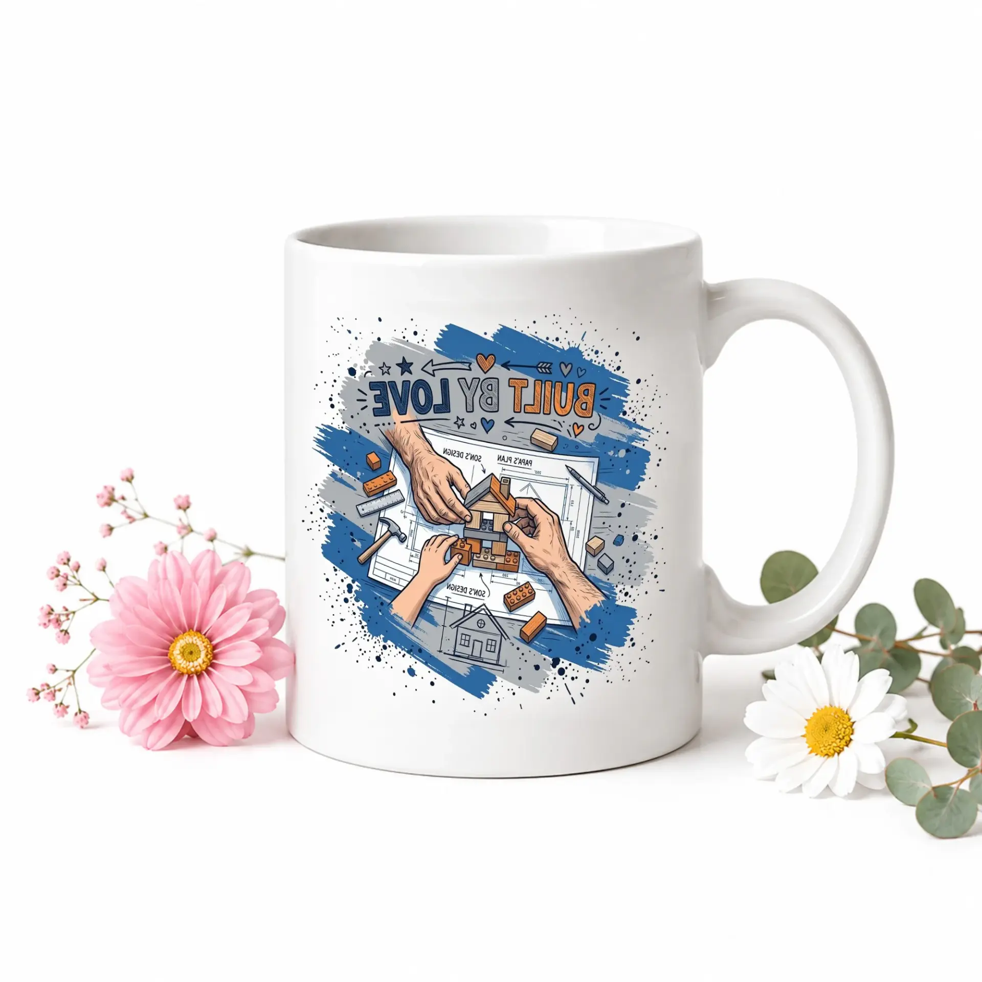 Built by Love Decorative Ceramic Mug Featuring Blueprint Design and Hands Working on Construction Project Illustration