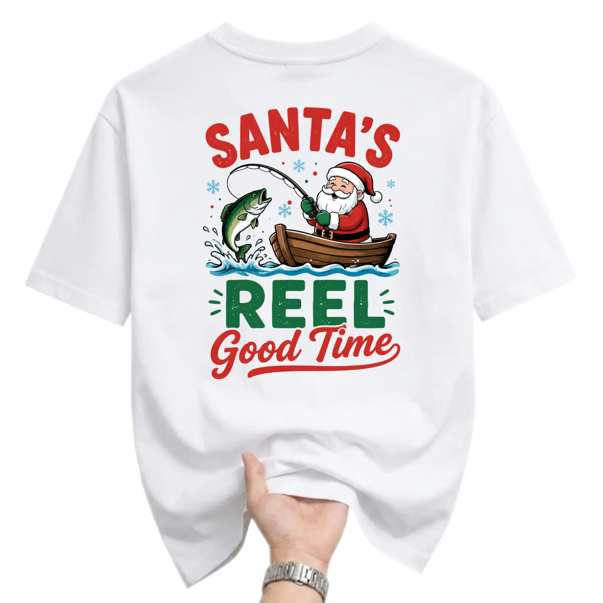 Funny Shirt Santa Fishing Graphic Tee Casual Holiday Humor Unisex Short