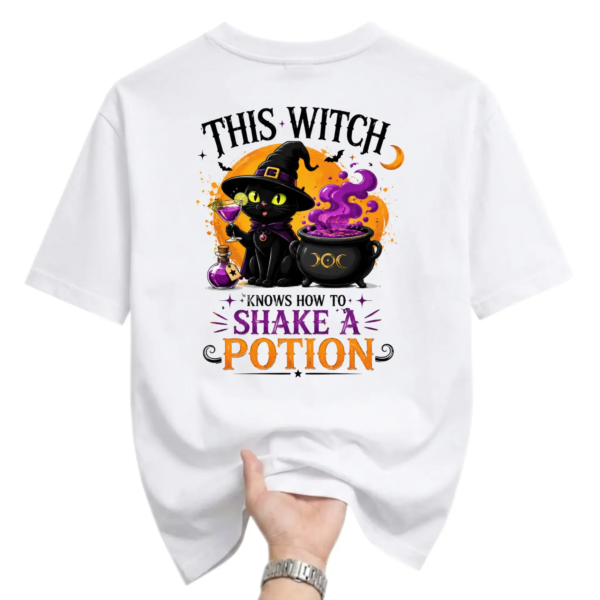 Funny Shirt This Witch Knows How to Shake a Potion Graphic Tee Casual Unisex Short Sleeve Crew Neck Cotton Blend Top