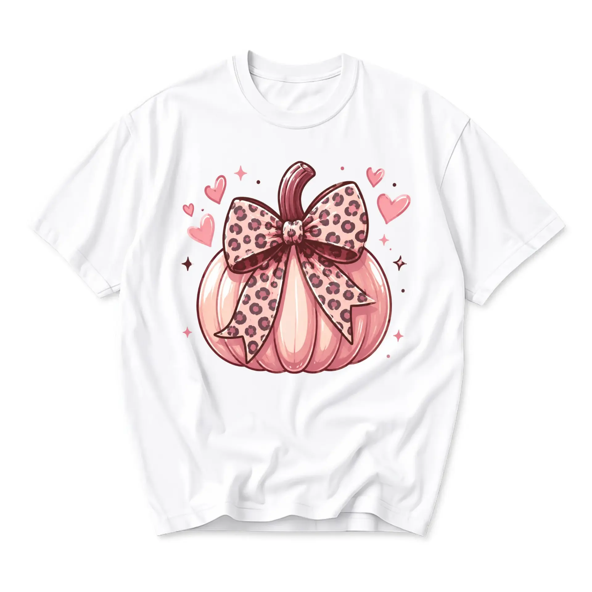 Graphic Tee Pink Pumpkin Leopard Print Bow Unisex Shirt Soft Cotton Crew Neck Everyday Casual Seasonal Graphic Shirt