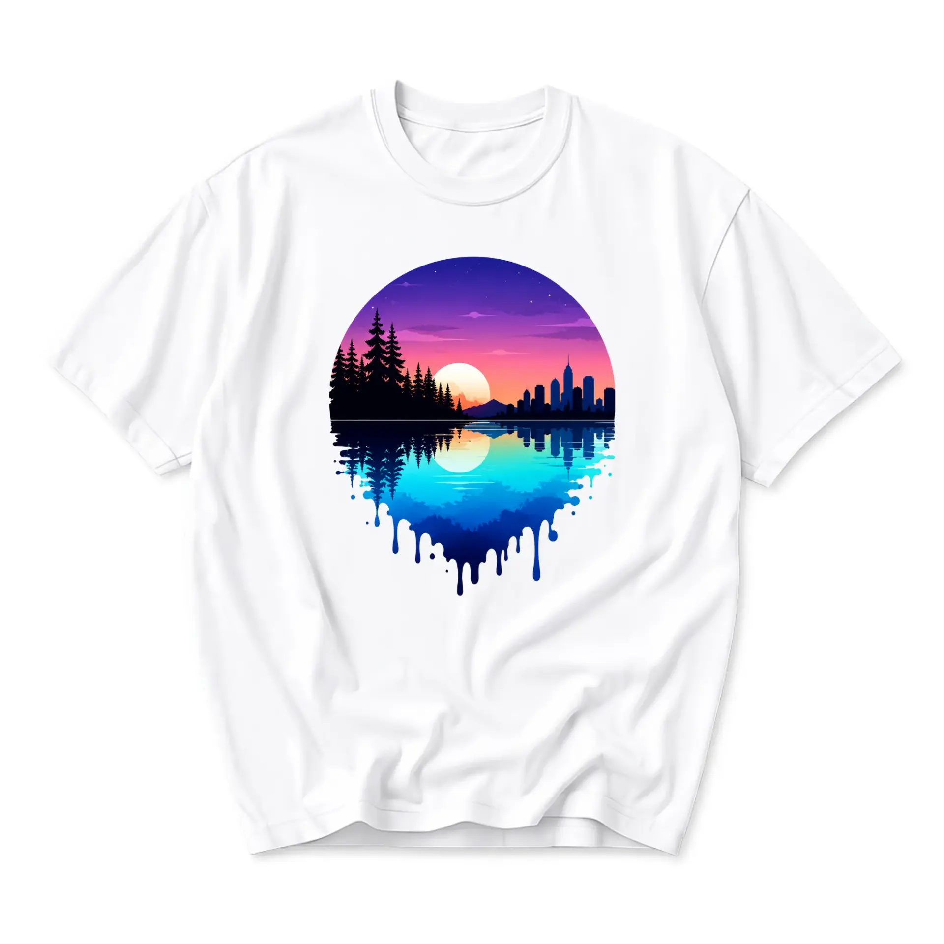 Graphic Tee Unisex Crew Neck T-Shirt Featuring Abstract Cityscape and Forest Sunset Horizon Artistic Design White