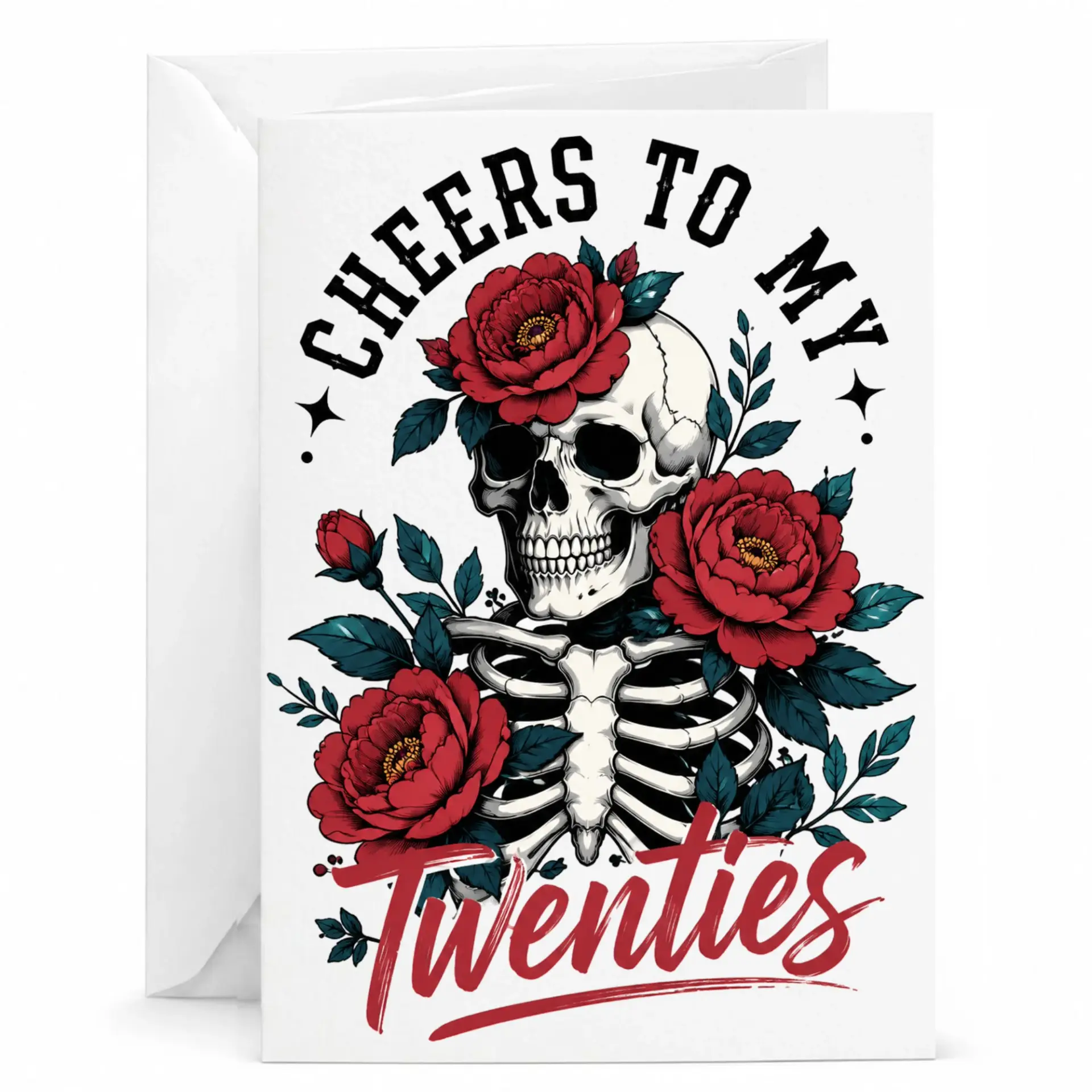 Funny Birthday Card Cheers Twenties Floral Skull Illustration Premium Greeting for Milestone