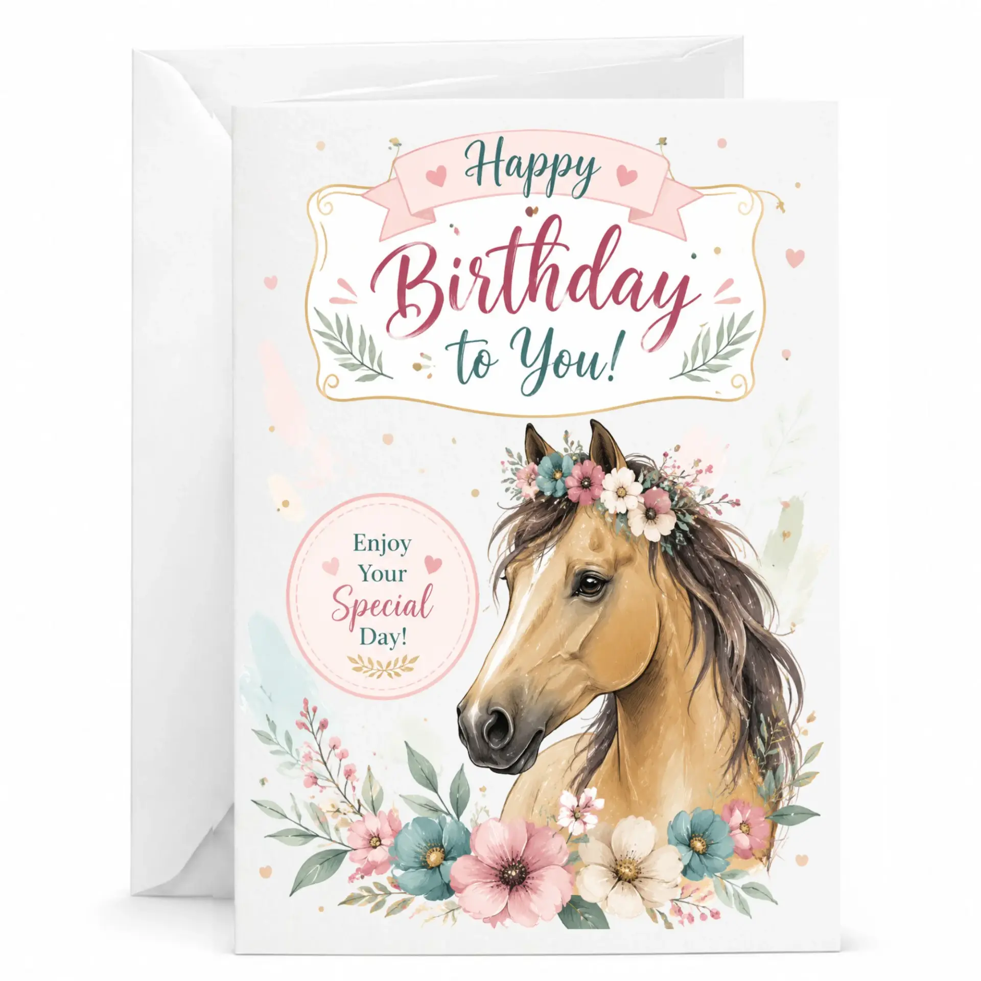 Greeting Card with Floral Horse Design for Birthday Celebration, Beautiful Botanical Animal Illustration Birthday Greeting