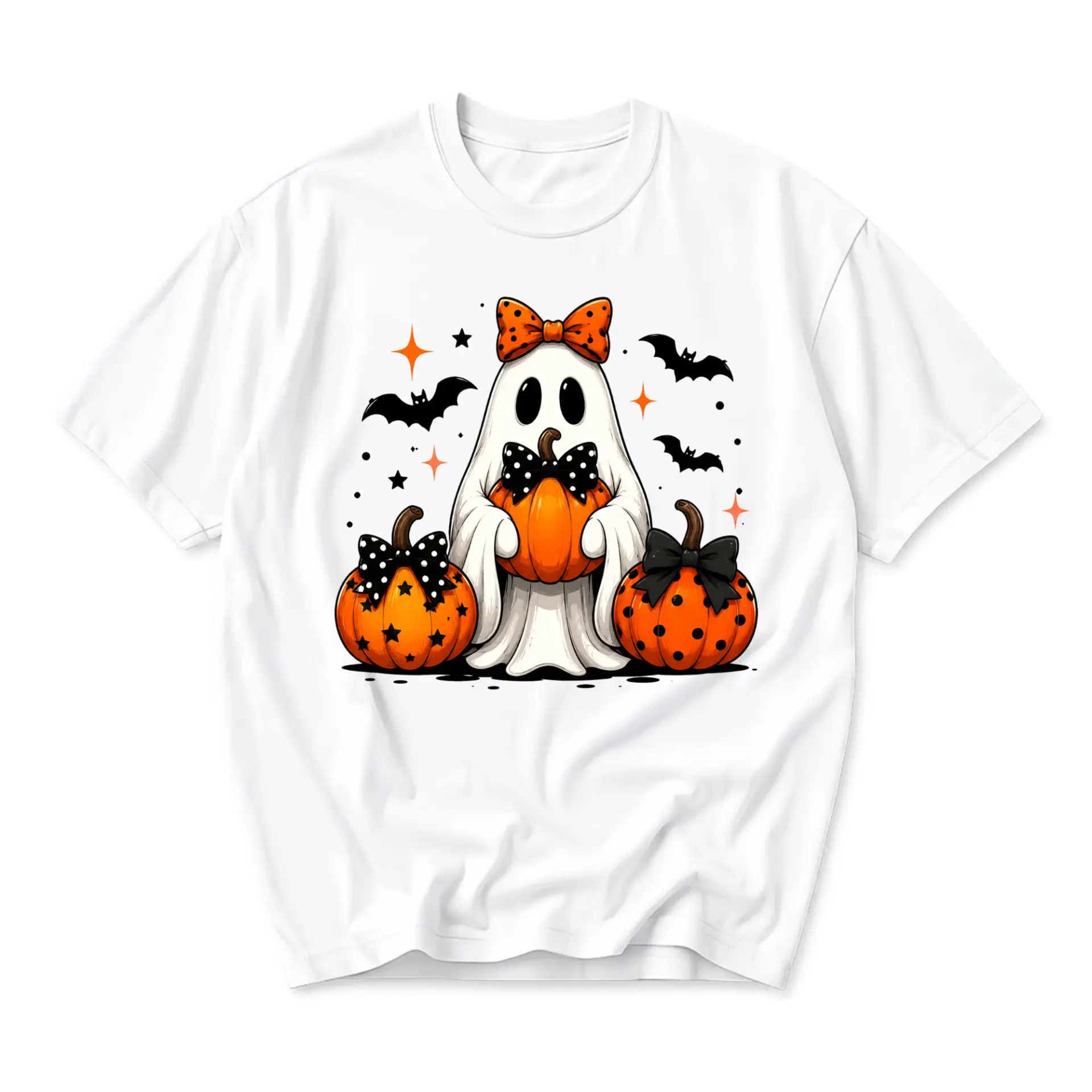 Graphic Tee Ghost and Pumpkin Halloween Shirt Cute Spooky Fall Festive Unisex Crew Neck Short Sleeve Casual Top