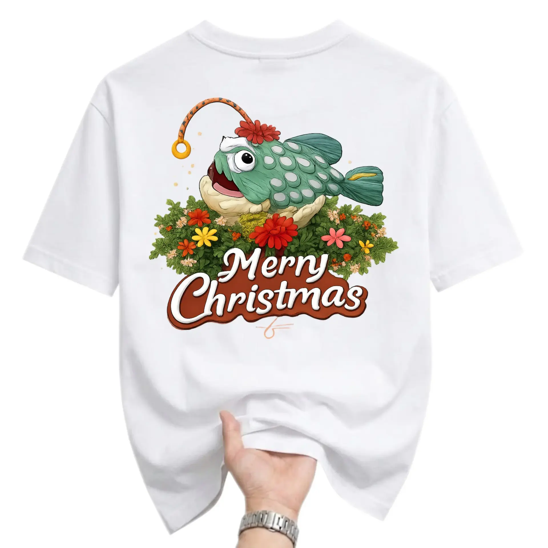 Funny Shirt Merry Christmas Anglerfish Graphic Tee Unique Holiday Illustration Unisex Soft Crew Neck Cotton Apparel