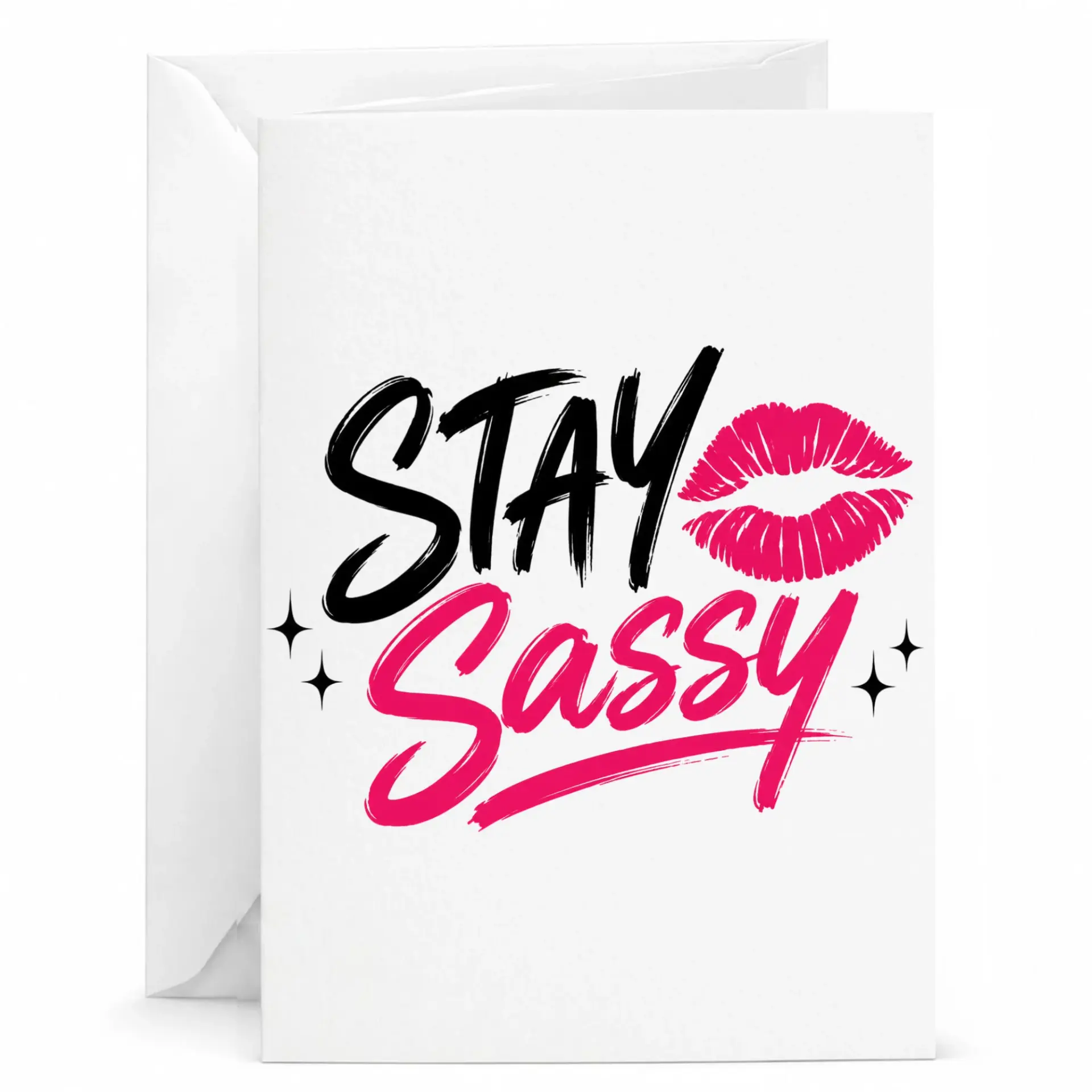 Funny Greeting Card Stay Sassy Typography Design with Vibrant Pink Lips Illustration and Professional Cardstock Finish