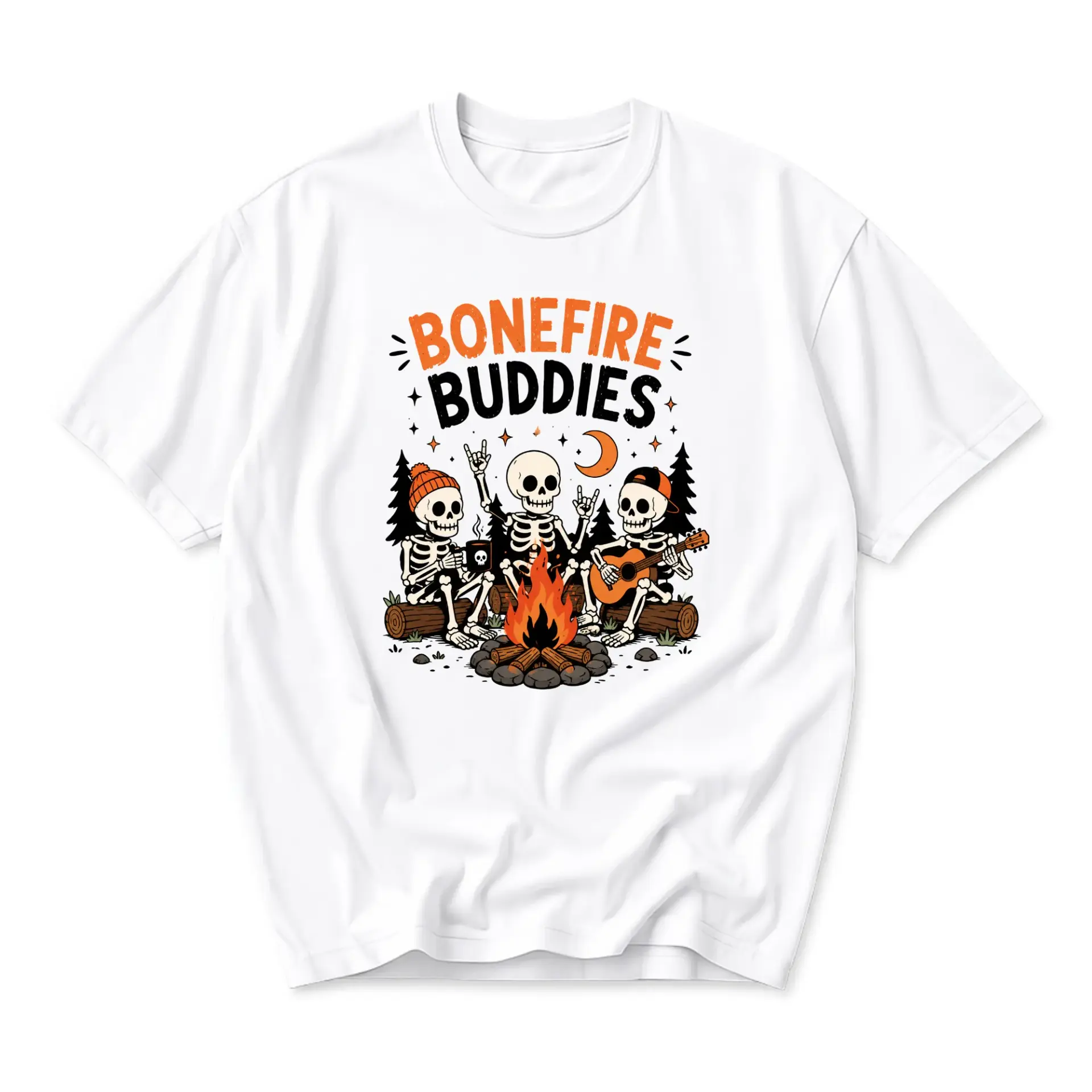 Graphic Tee Bonefire Buddies Skeleton Camping Design Unisex Casual Crew Neck Comfortable Short Sleeve Cotton Shirt