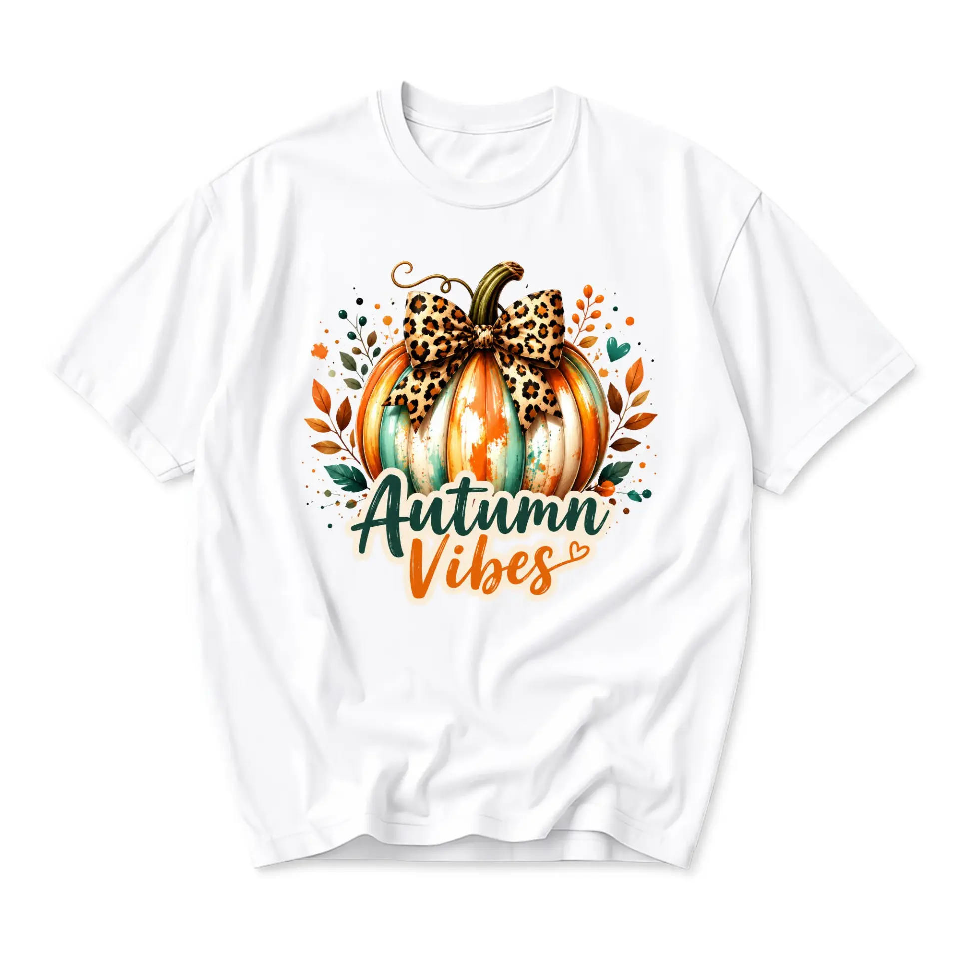 Graphic Tee Autumn Vibes Pumpkin Leopard Print Bow Unisex Casual Crew Neck Comfortable Cotton Blend Shirt Top White