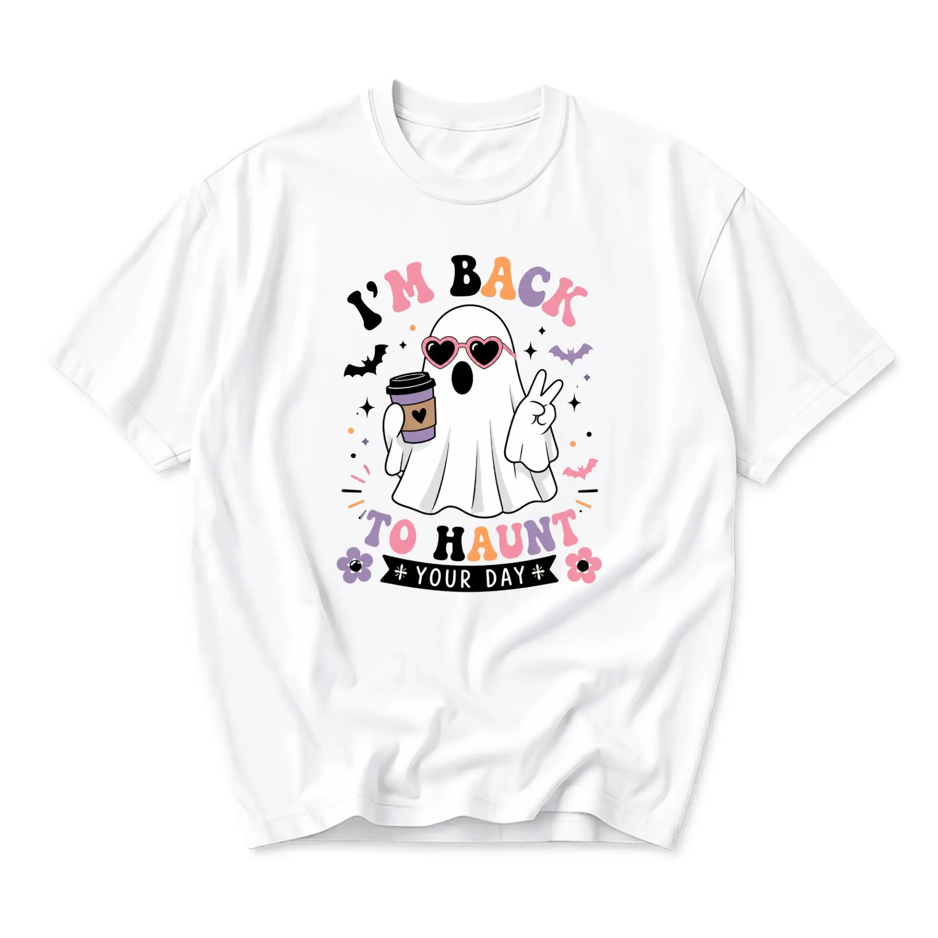 Funny Shirt I Am Back to Haunt Your Day Graphic Tee Cute Spooky Ghost Wearing Heart Sunglasses Casual Unisex Top