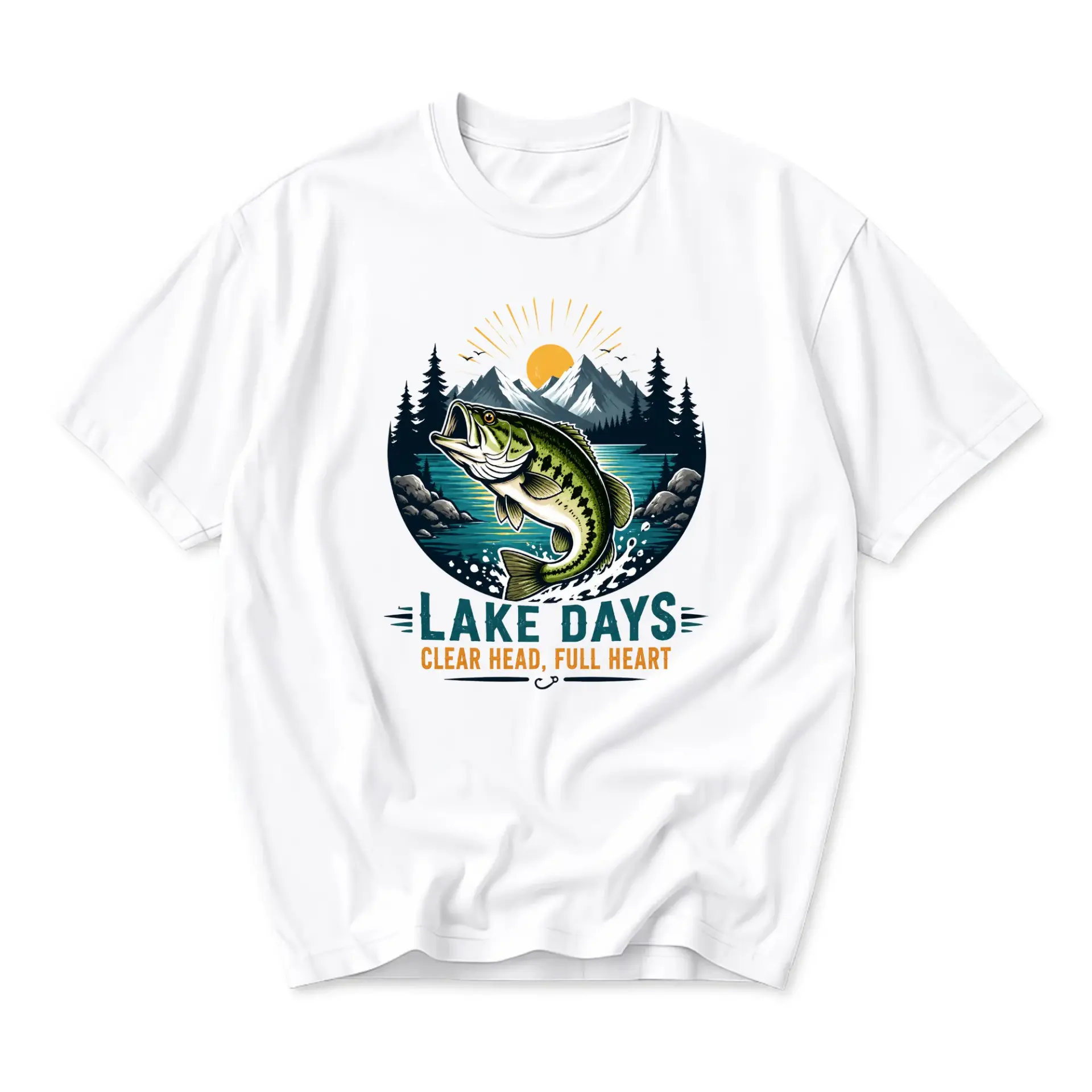 Graphic Tee Lake Days Fishing Apparel Unisex Shirt Featuring Mountain and Fish Design Casual Outdoors Top