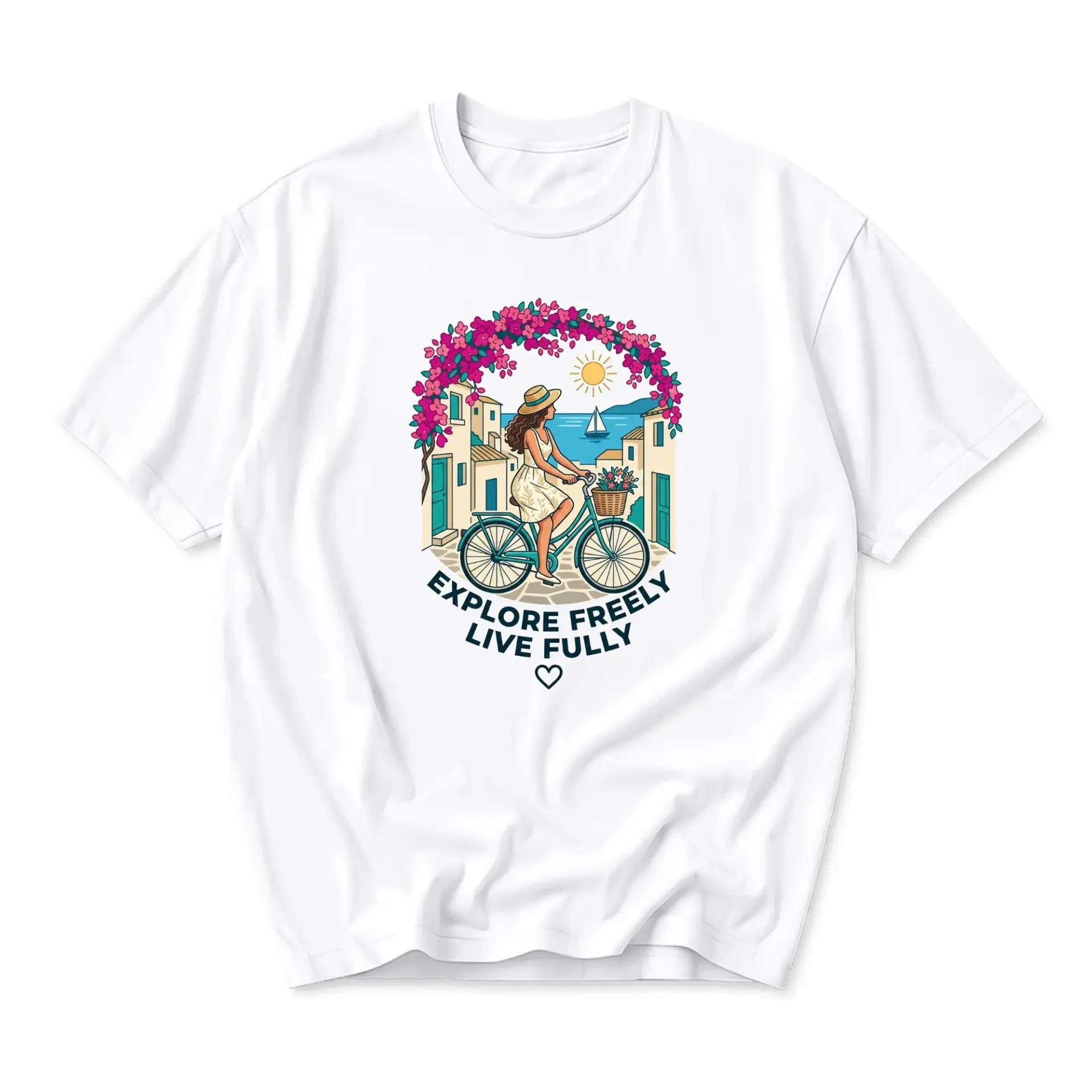Graphic Tee Explore Freely Live Fully Summer Coastal Aesthetic Illustration Print Unisex Casual Crew Neck T-Shirt