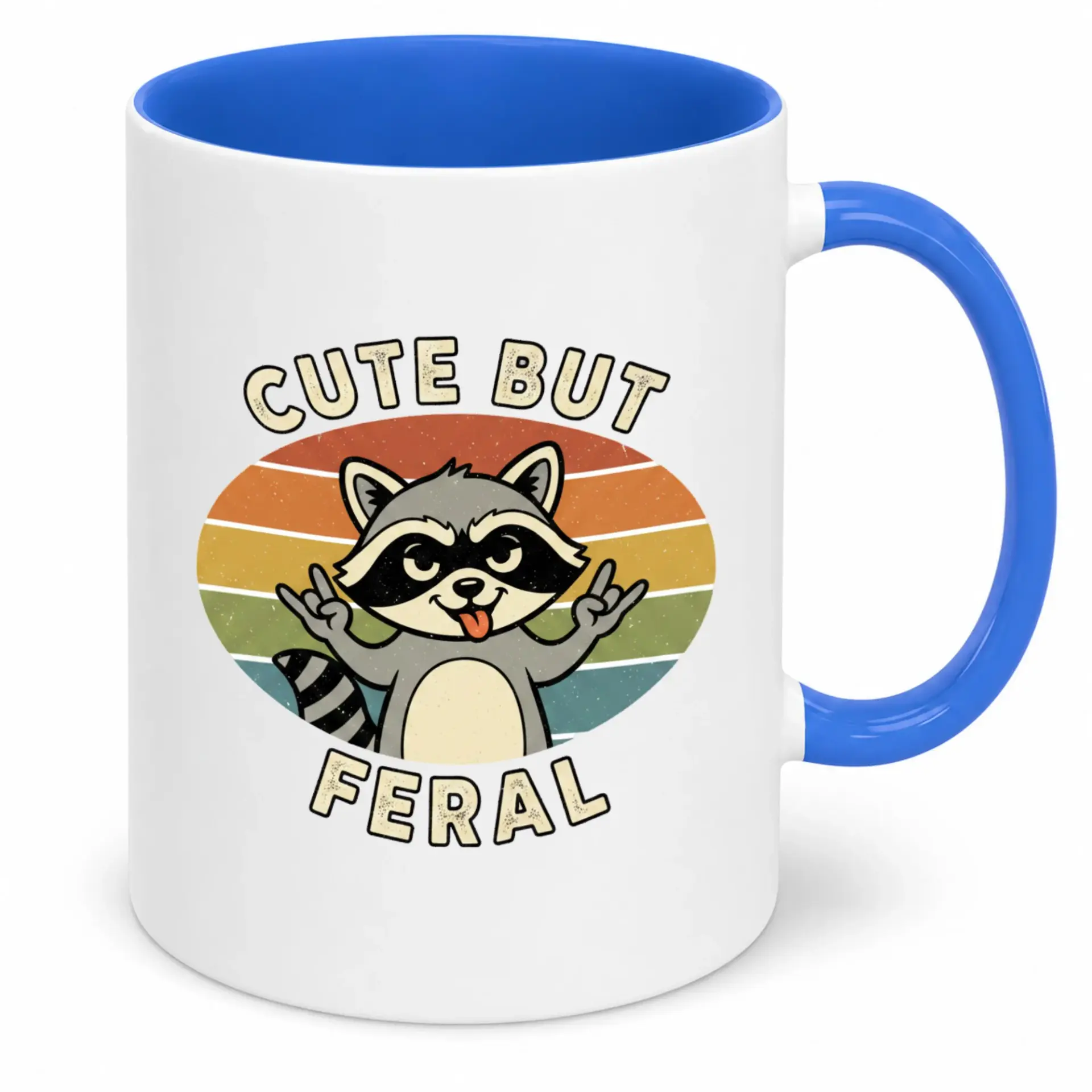 Funny Raccoon Ceramic Coffee Mug Cute but Feral Wildlife Animal Themed Novelty Beverage Cup with Retro Sunset Design and Blue Accent Handle
