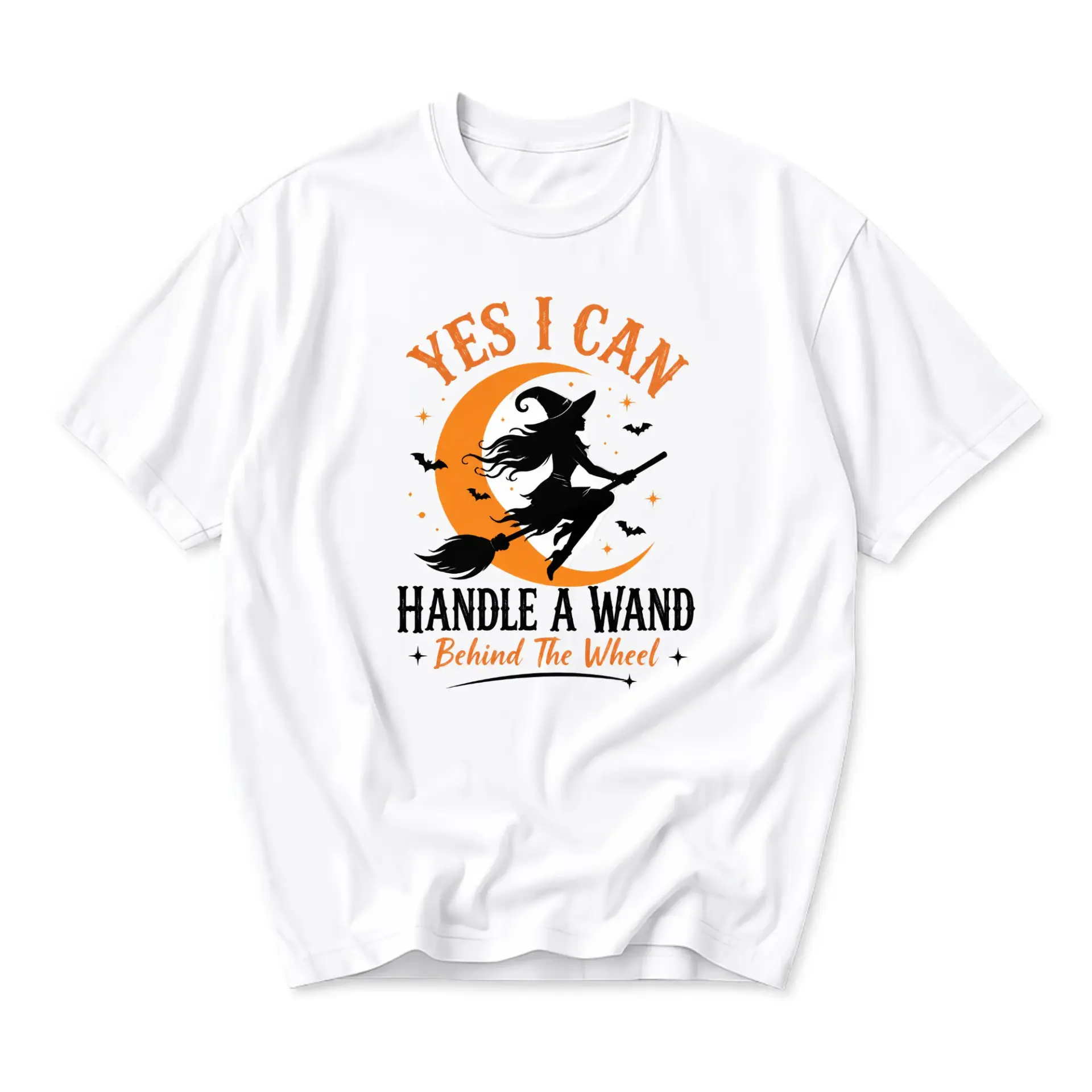 Funny Shirt Yes I Can Handle a Wand Behind the Wheel Witch Graphic Tee Casual Cotton Blend Unisex Crew Neck Top