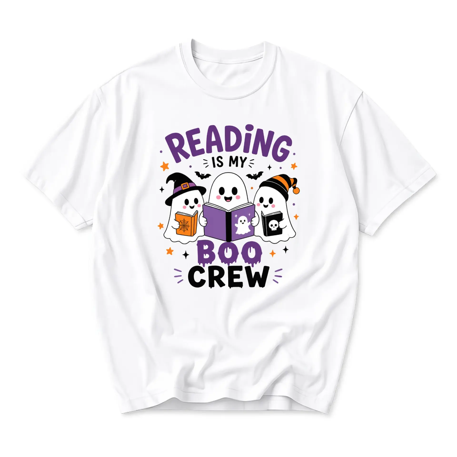 Funny Shirt Reading Is My Boo Crew Graphic Tee Cute Ghost Illustration Seasonal Apparel Unisex Crew Neck Casual Wear