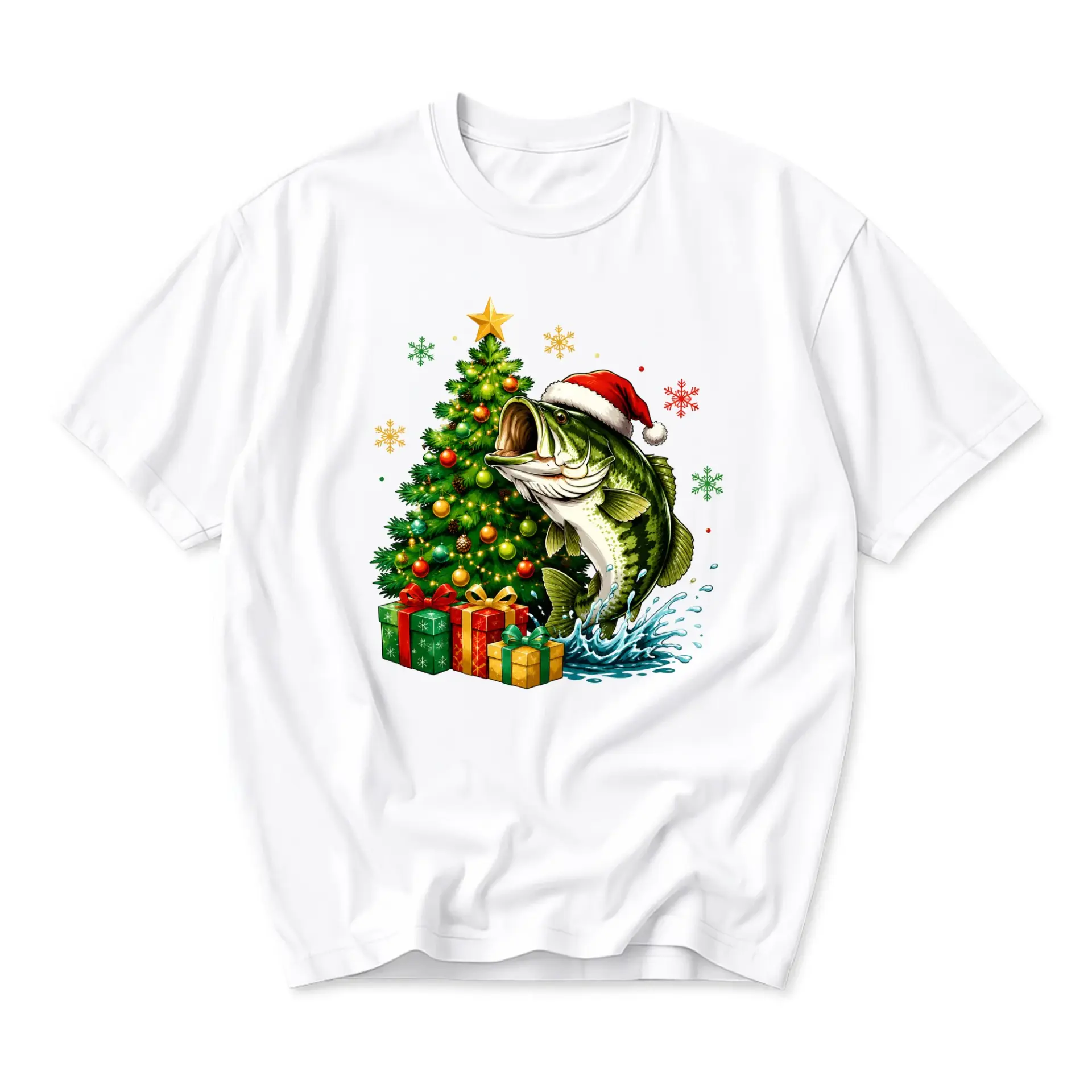Funny Shirt Christmas Fishing Graphic Tee Seasonal Holiday Theme Unisex Crew Neck Casual Cotton Top
