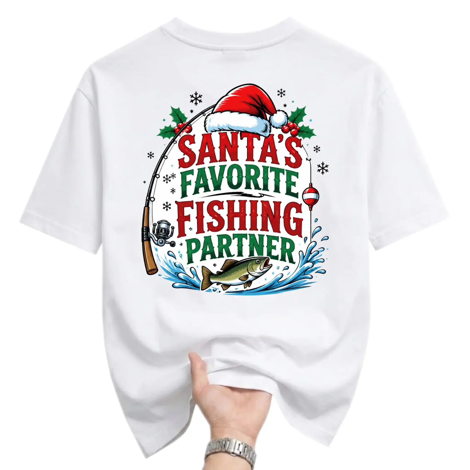 Graphic Tee Santa's Favorite Fishing Partner Holiday Christmas Short Sleeve Unisex Crew Neck Apparel for Casual Wear