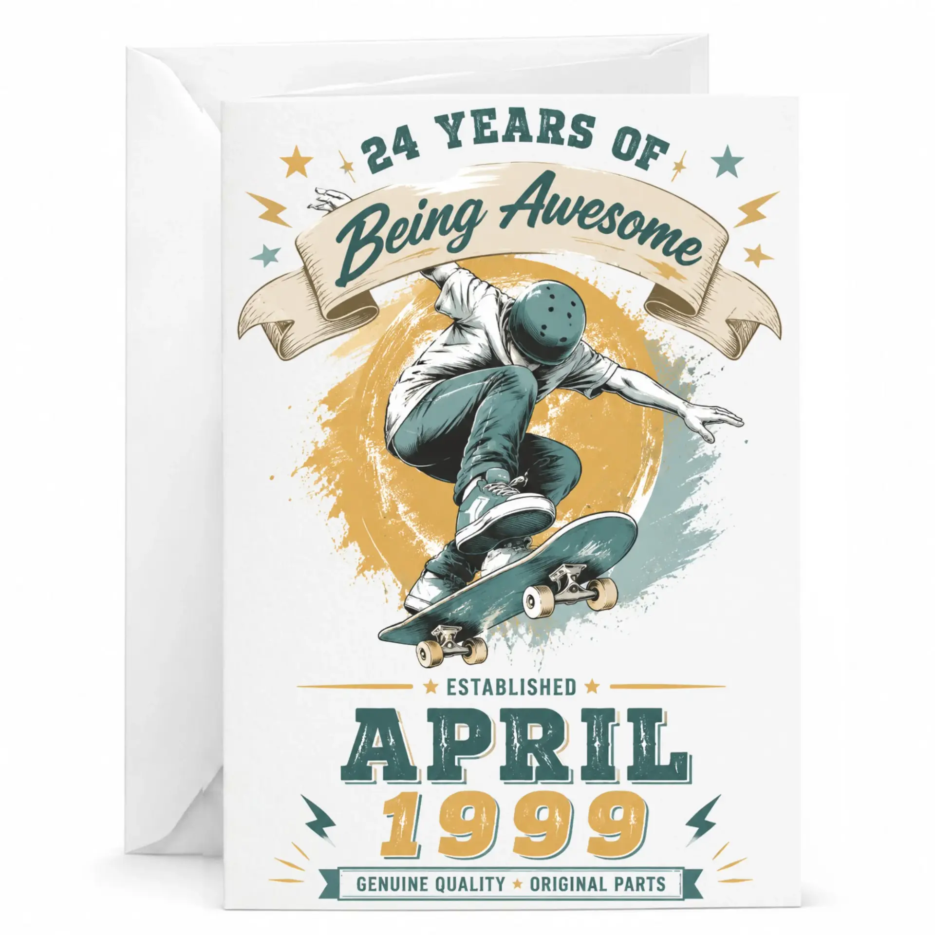 Greeting Card 24 Years of Being Awesome Skateboarder Birthday Card for 24th Birthday Established April 1999 Vintage
