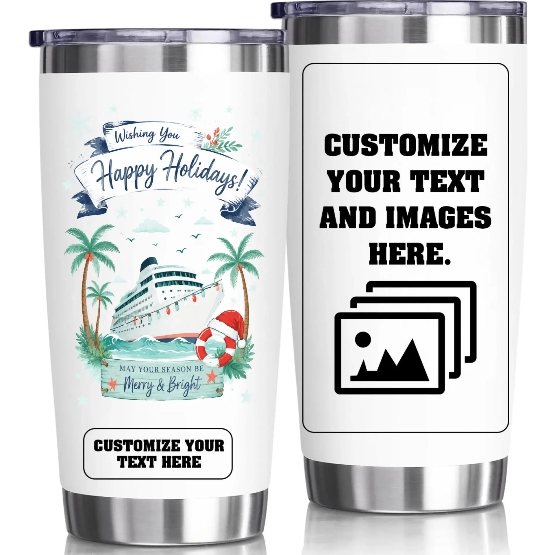 Stainless Steel Tumbler 20 Oz Insulated Travel Mug Tropical Cruise Theme Holiday Drinkware for Hot and Cold Beverages