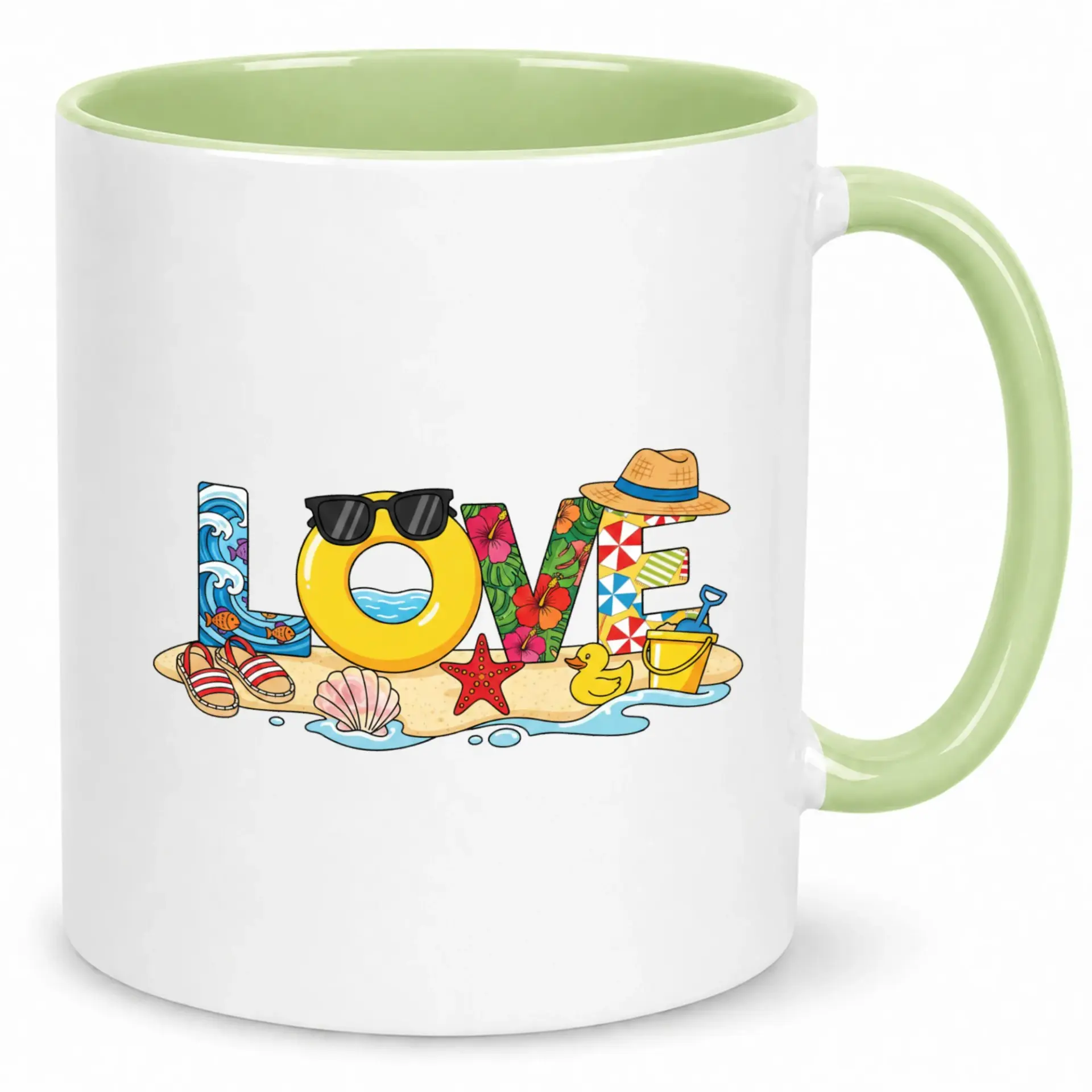 Ceramic Coffee Mug with Beach Summer Vacation Themed Love Word Art Design, Durable Drinkware for Home or Office, 11 Oz or 15 Oz
