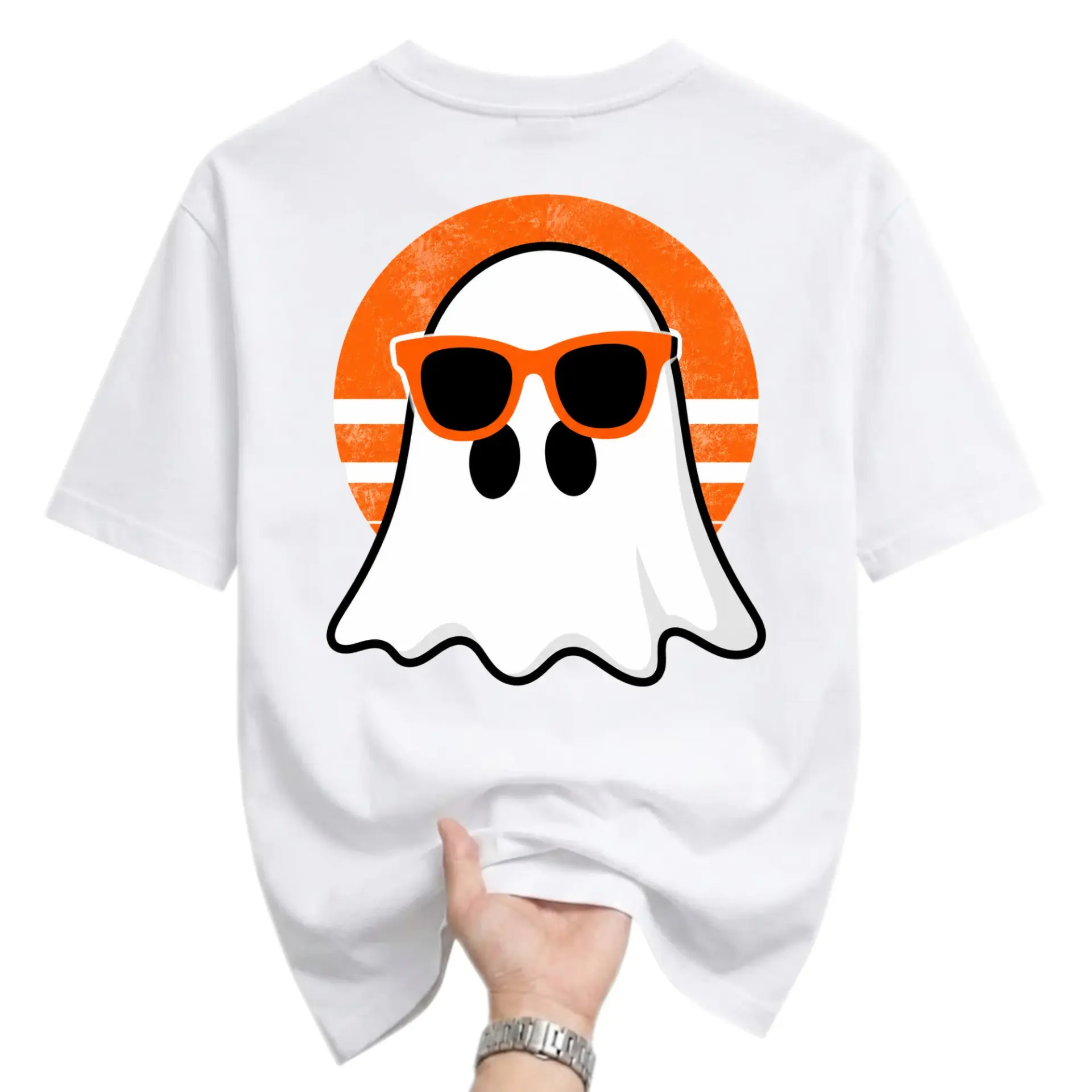 Funny Shirt Graphic Tee Featuring a Cool Ghost with Sunglasses and an Orange Retro Sunset Background Design