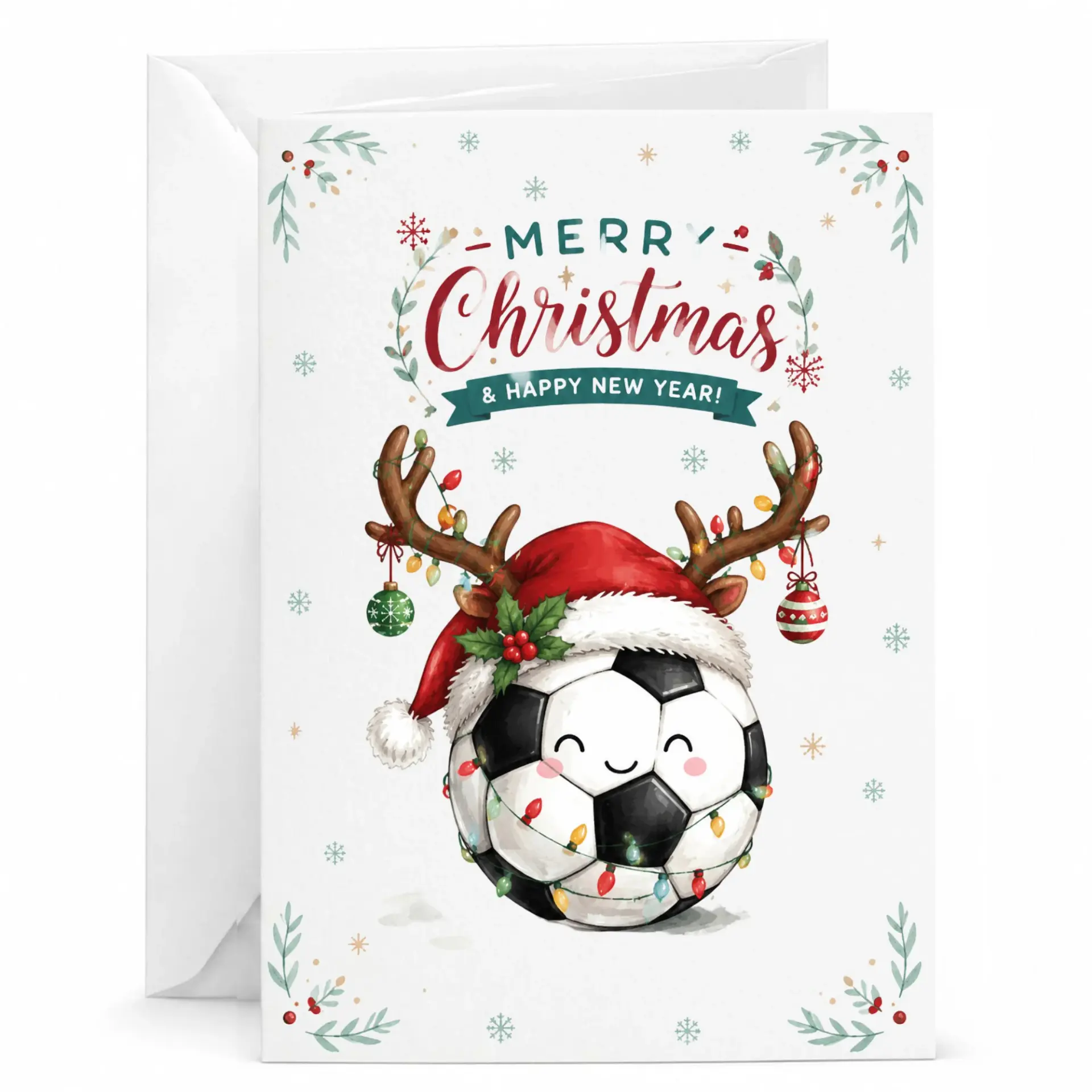 Greeting Card Merry Christmas and Happy New Year Featuring a Cute Soccer Ball with Reindeer Antlers and Holiday Lights