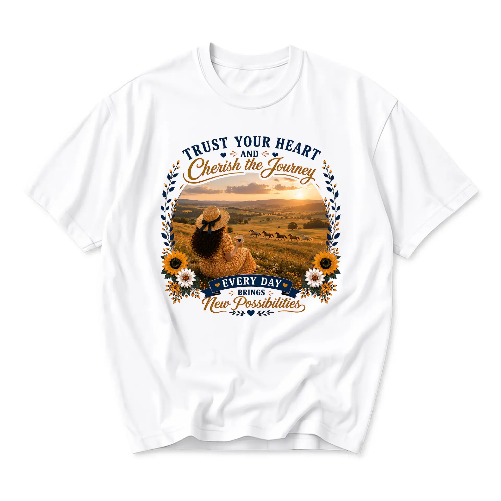Graphic Tee Trust Your Heart and Cherish the Journey Inspirational Meadow Scene Unisex Crew Neck Cotton T-Shirt