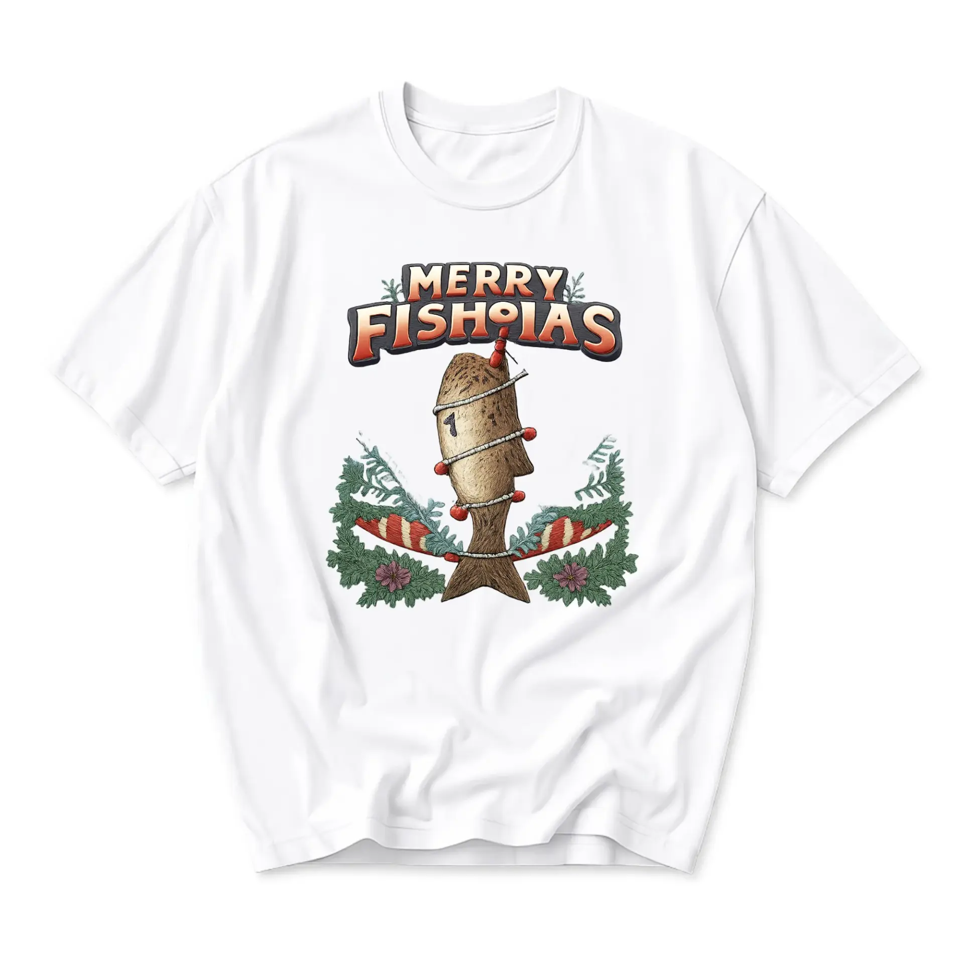 Funny Shirt Merry Fishmas Holiday Fishing Graphic Tee Unisex Cotton Crew Neck Casual Short Sleeve Apparel White Top