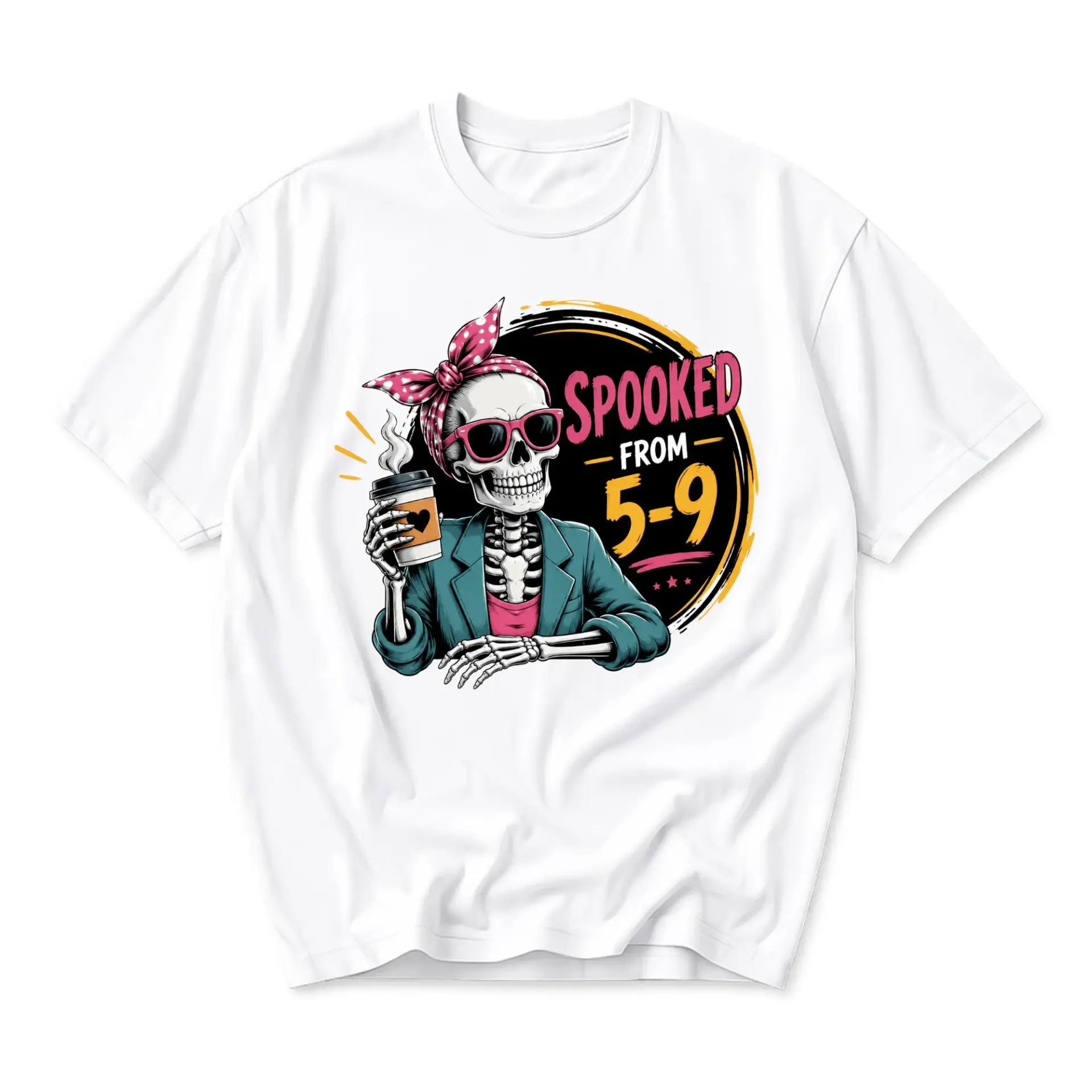 Graphic Tee Spooked from 5-9 Skeleton Coffee Lover Print Unisex Casual Everyday Crew Neck Short Sleeve Cotton T-Shirt