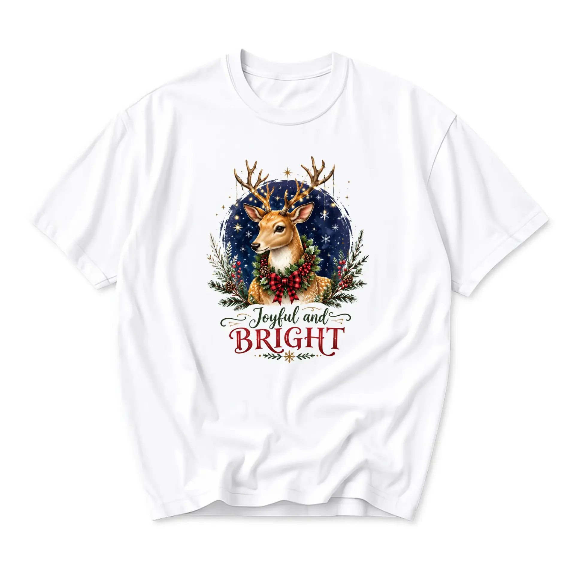 Graphic Tee Joyful and Bright Reindeer Holiday Shirt for Casual Seasonal Wear Unisex Crew Neck Short Sleeve Top