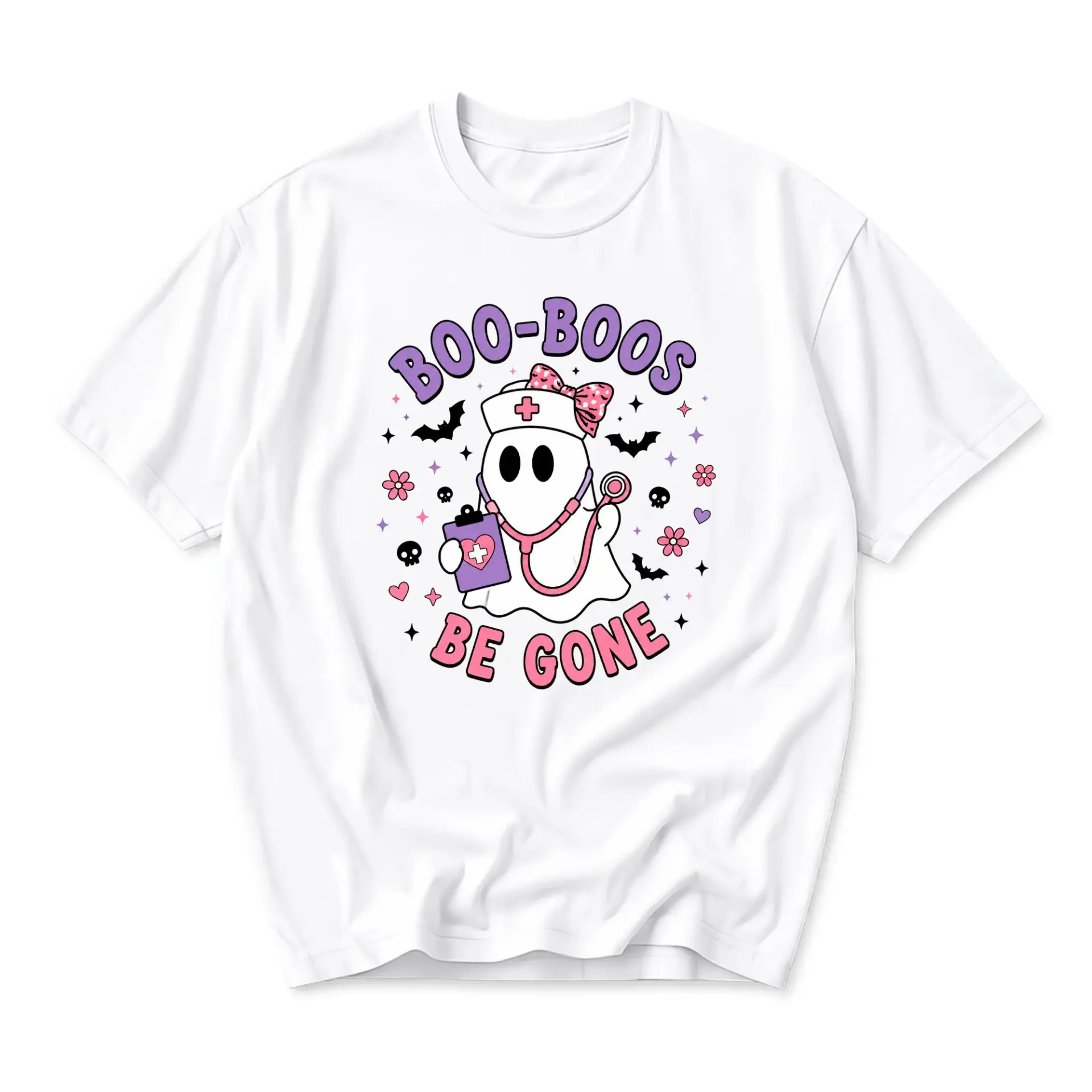 Funny Shirt Boo-Boos Be Gone Ghost Nurse Graphic Tee Casual Crew Neck Unisex Top for Everyday Wear and Gift Giving