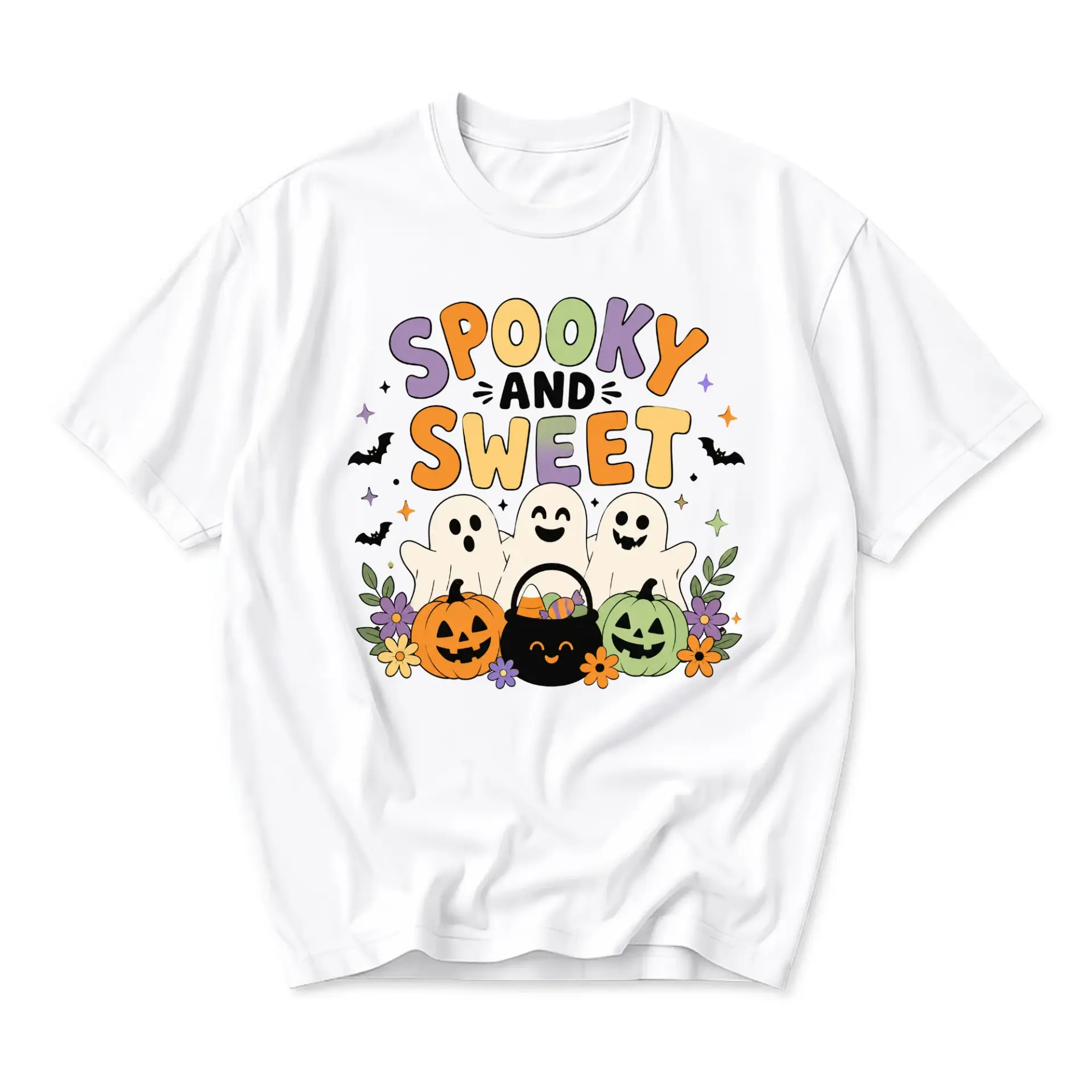 Graphic Tee Spooky and Sweet Halloween Ghost T-Shirt Unisex Crew Neck Casual Everyday Shirt Holiday Apparel White